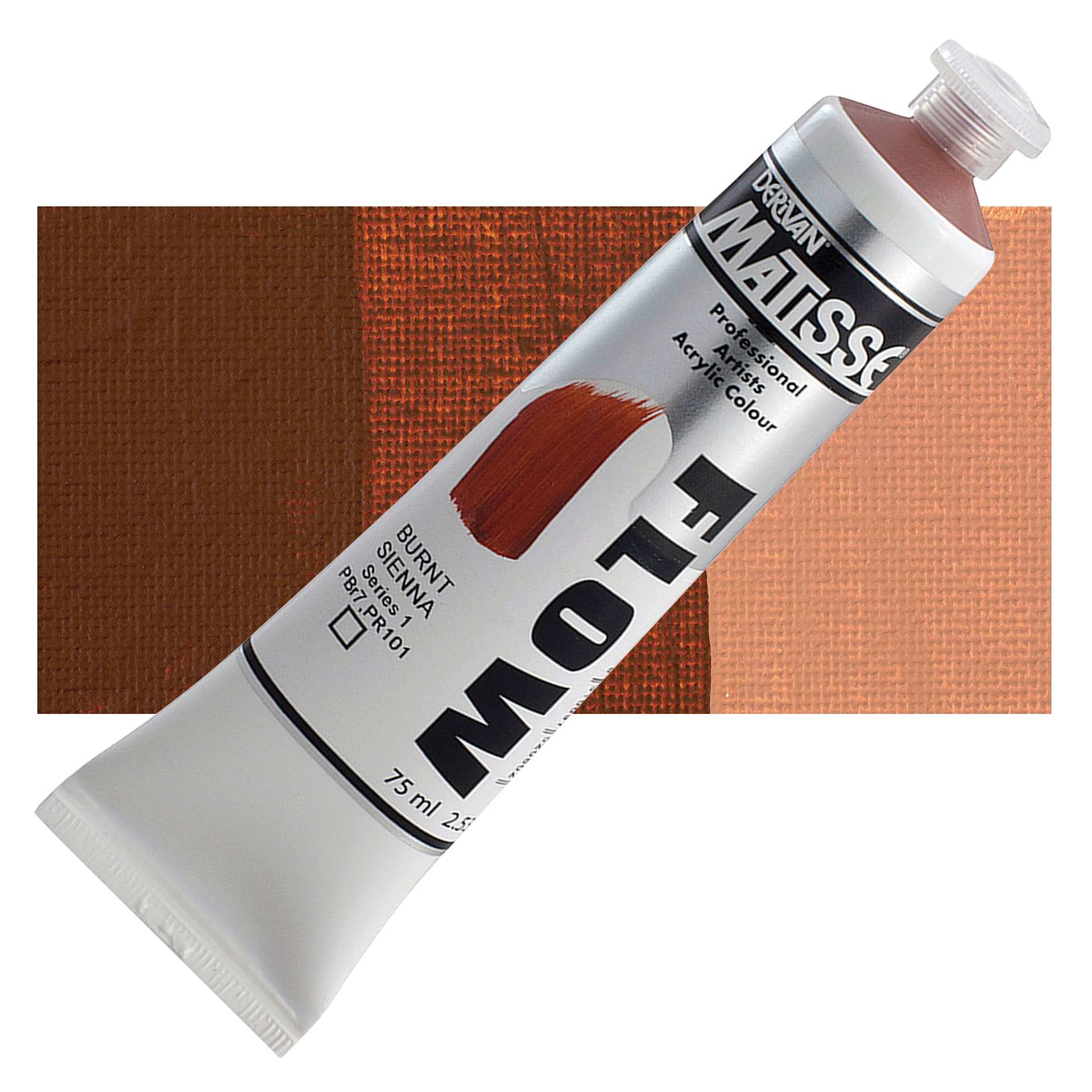 Matisse Flow Acrylic Paint - Burnt Sienna, 75 ml tube and swatch