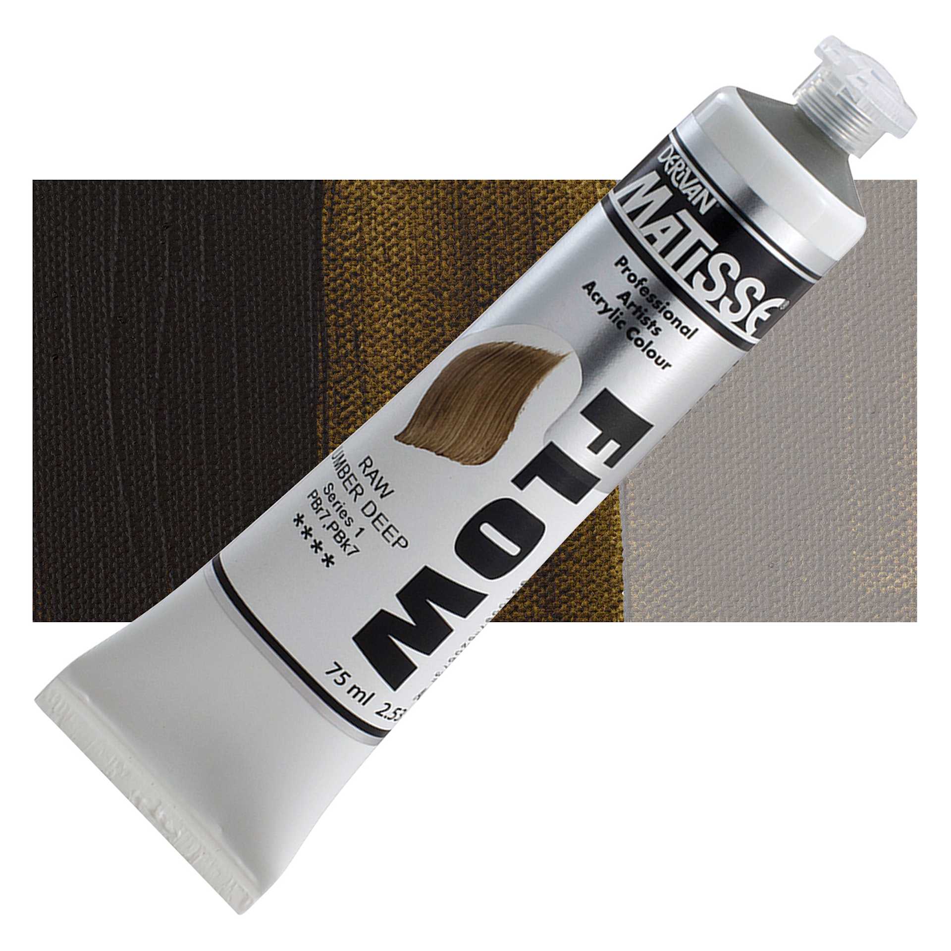 Matisse Flow Acrylic Paint - Raw Umber Deep, 75 ml tube and swatch