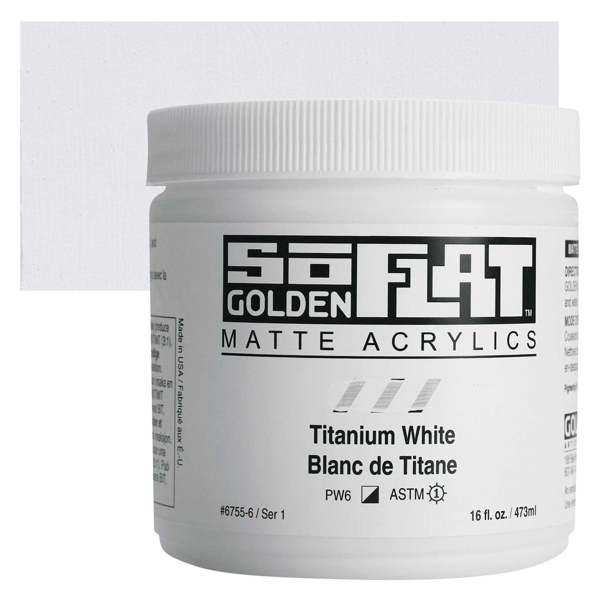 Golden SoFlat Matte Acrylic Paint - Titanium White, 473 ml, Jar and swatch Golden SoFlat Matte Acrylic Paint - Titanium White, 473 ml, Jar and swatch