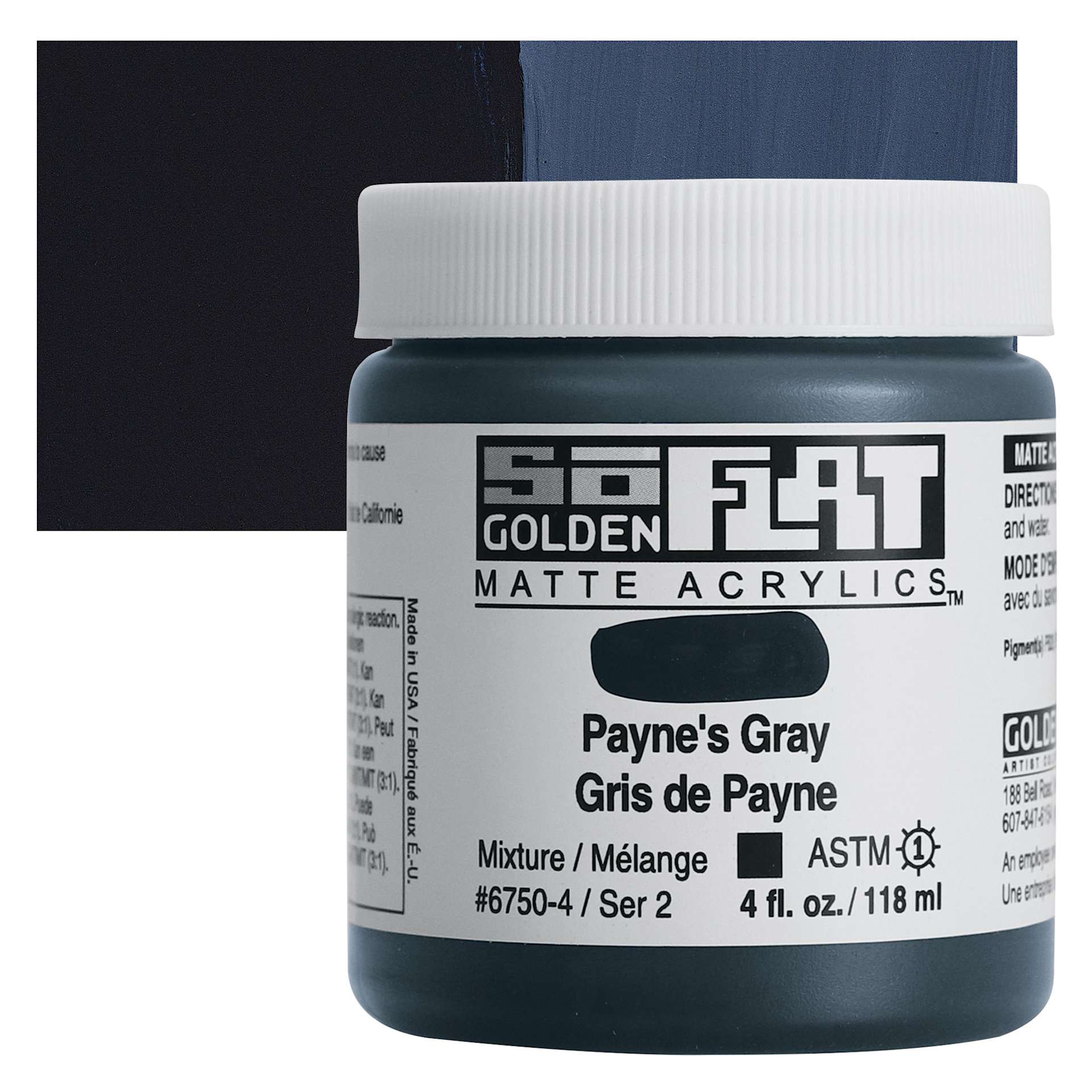 Golden SoFlat Matte Acrylic Paint - Payne's Gray, 118 ml, Jar and swatch
