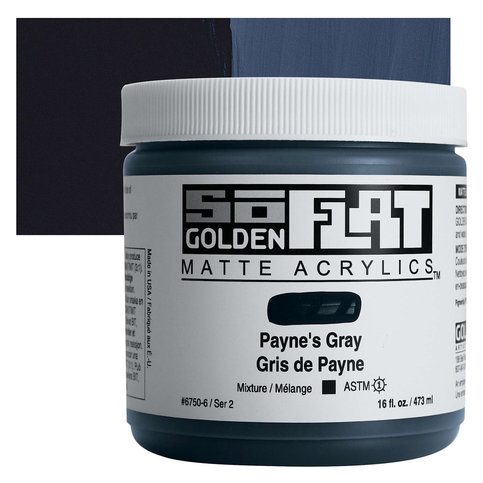 Golden SoFlat Matte Acrylic Paint - Payne's Gray, 473 ml, Jar and swatch