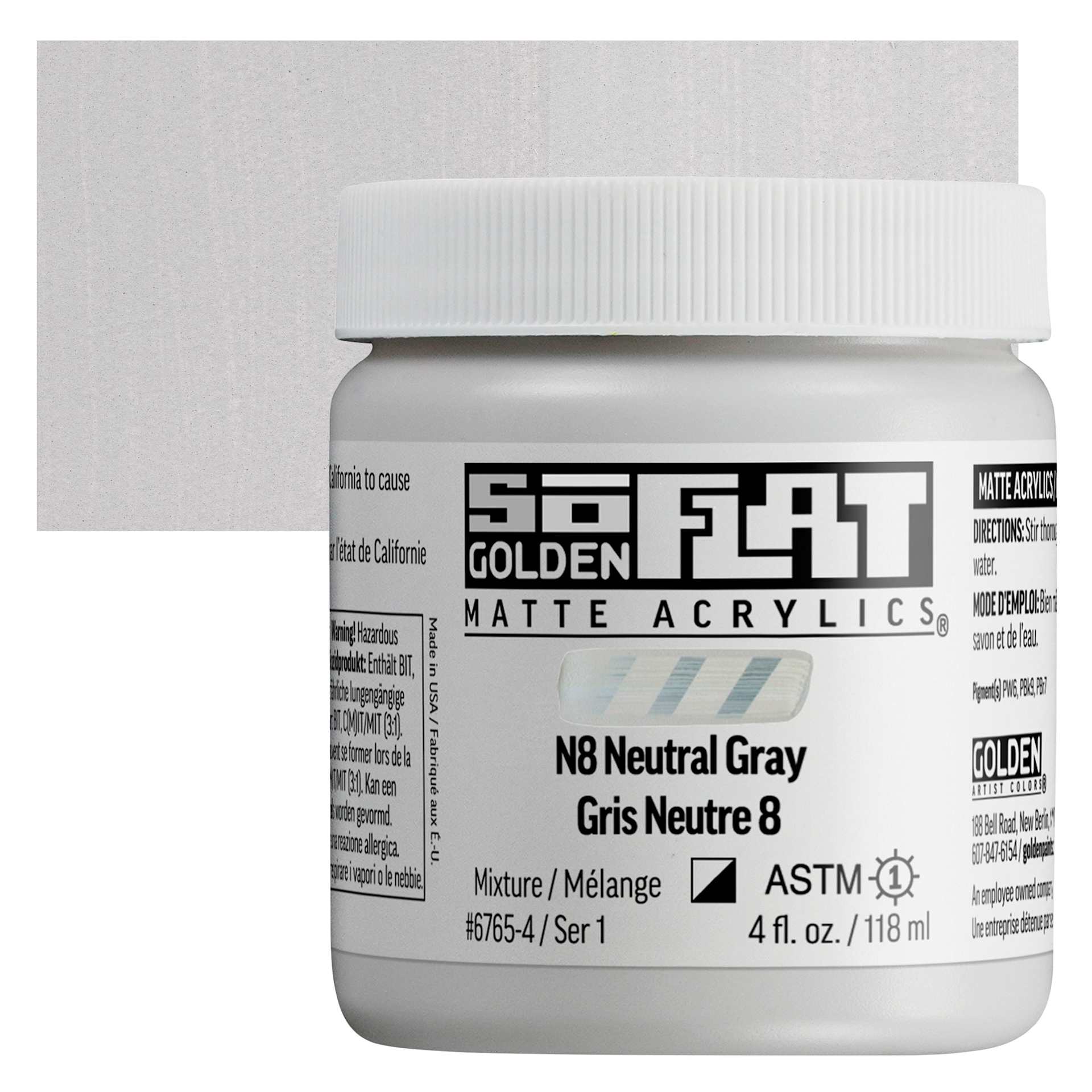 Golden SoFlat Matte Acrylic Paint - N8 Neutral Gray, 118 ml, Jar and swatch