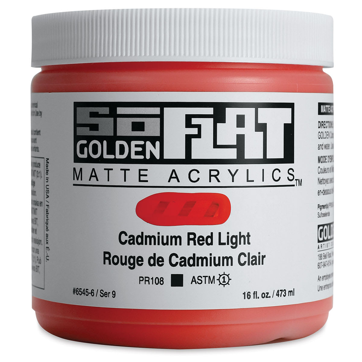 Golden SoFlat Matte Acrylic Paint - Cadmium Red Light, 473 ml, Jar