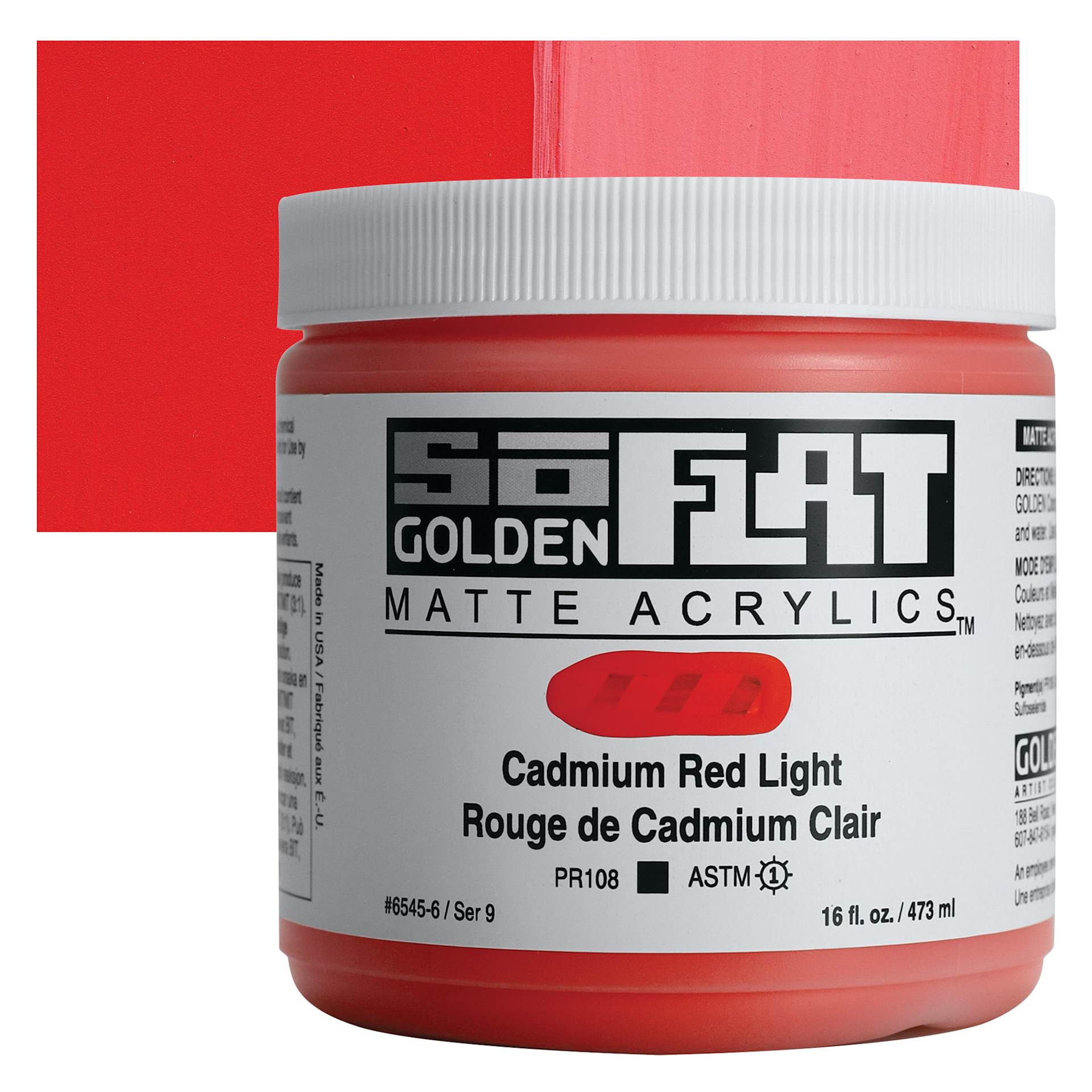 Golden SoFlat Matte Acrylic Paint - Cadmium Red Light, 473 ml, Jar and swatch