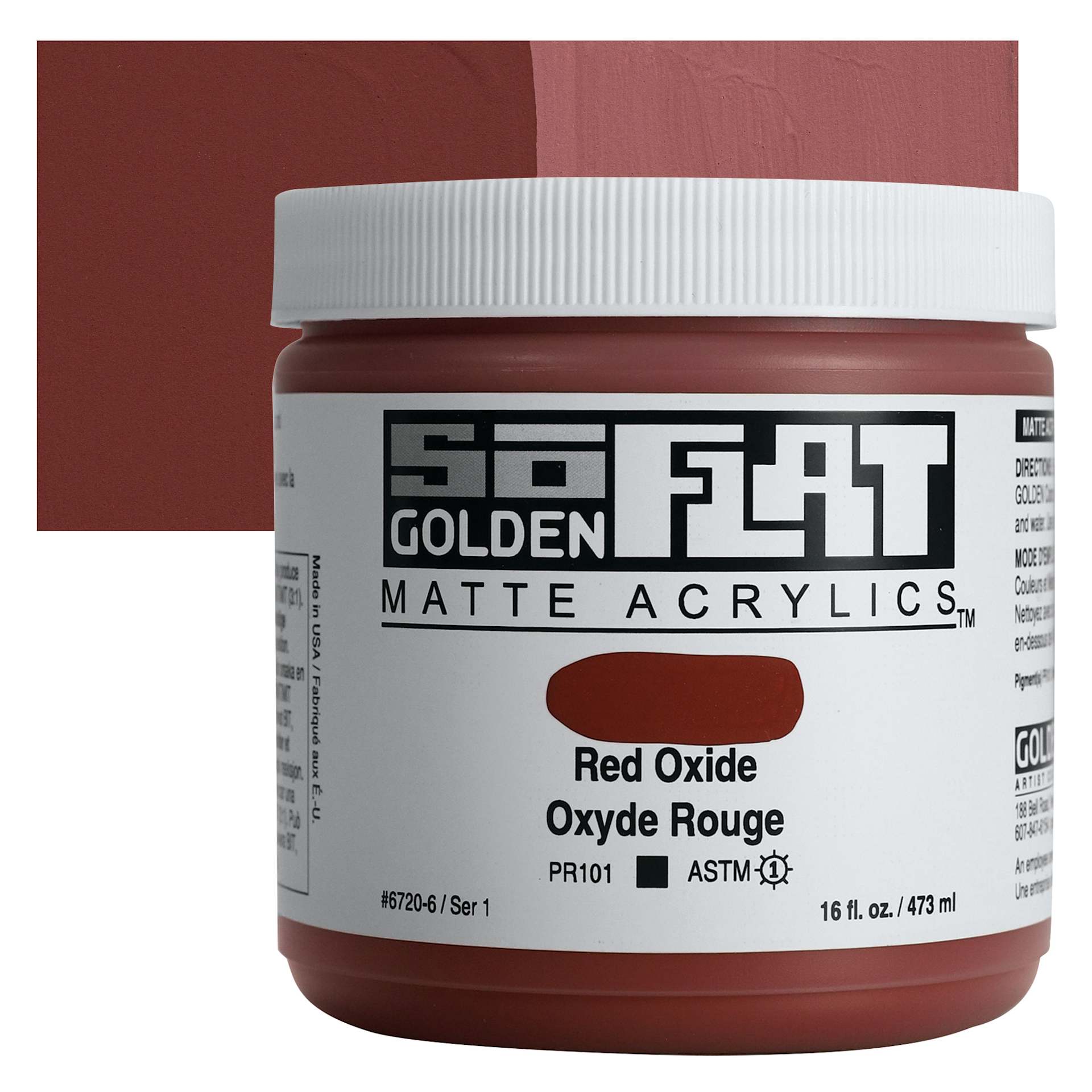 Golden SoFlat Matte Acrylic Paint - Red Oxide, 473 ml, Jar and swatch Golden SoFlat Matte Acrylic Paint - Red Oxide, 473 ml, Jar and swatch