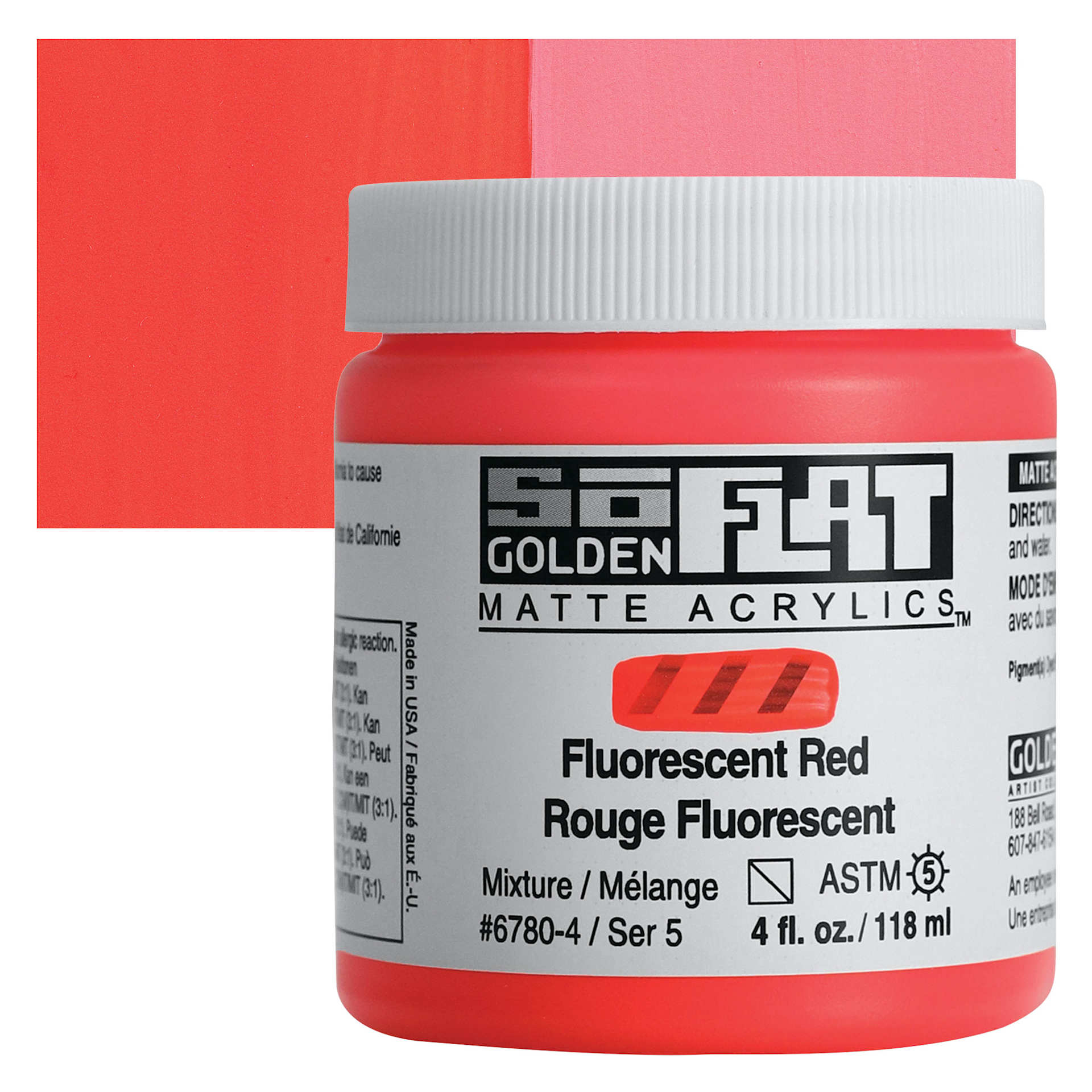 Golden SoFlat Matte Acrylic Paint - Fluorescent Red, 118 ml, Jar and swatch