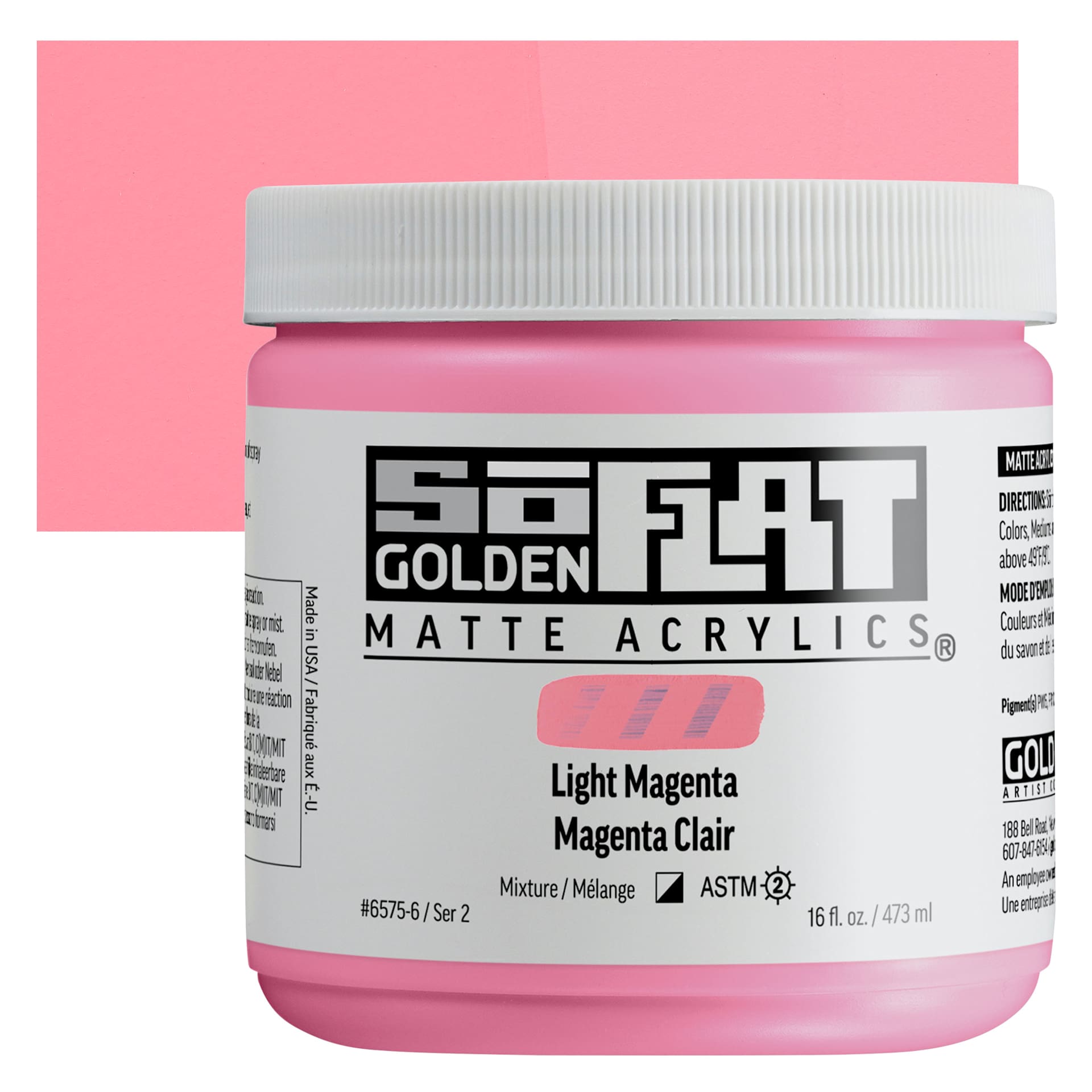 Golden SoFlat Matte Acrylic Paint - Light Magenta, 473 ml, Jar and swatch