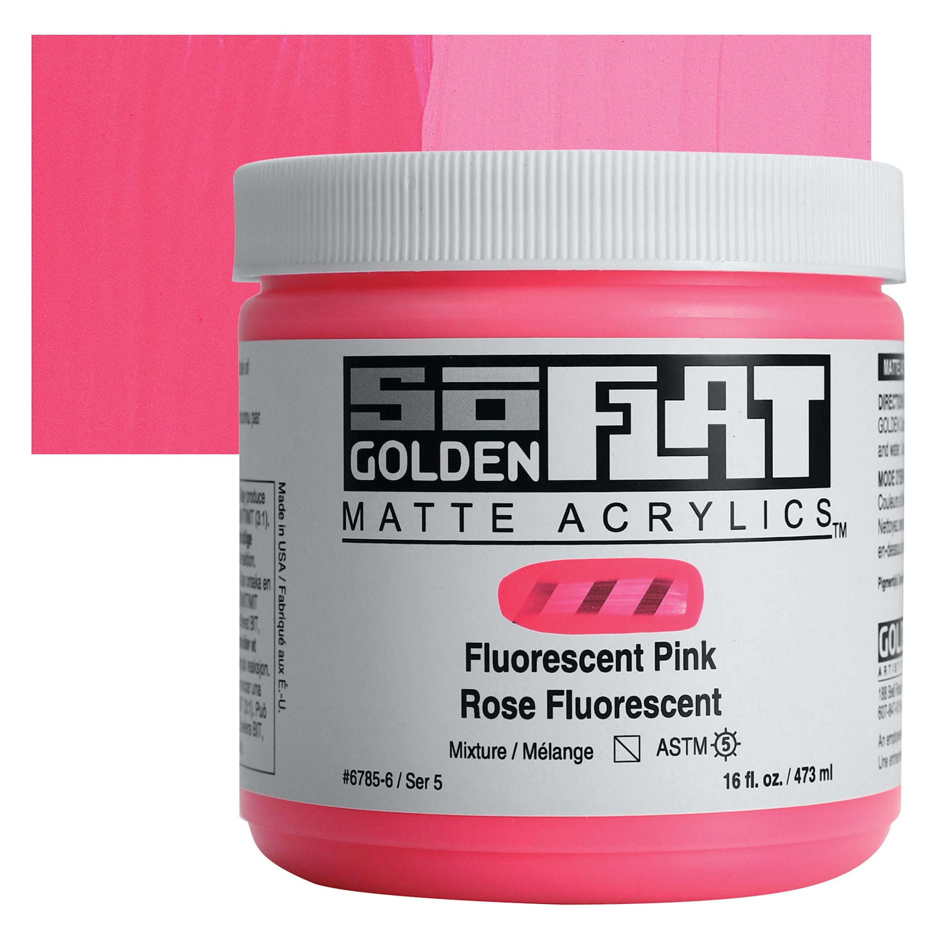 Golden SoFlat Matte Acrylic Paint - Fluorescent Pink, 473 ml, Jar and swatch Golden SoFlat Matte Acrylic Paint - Fluorescent Pink, 473 ml, Jar and swatch