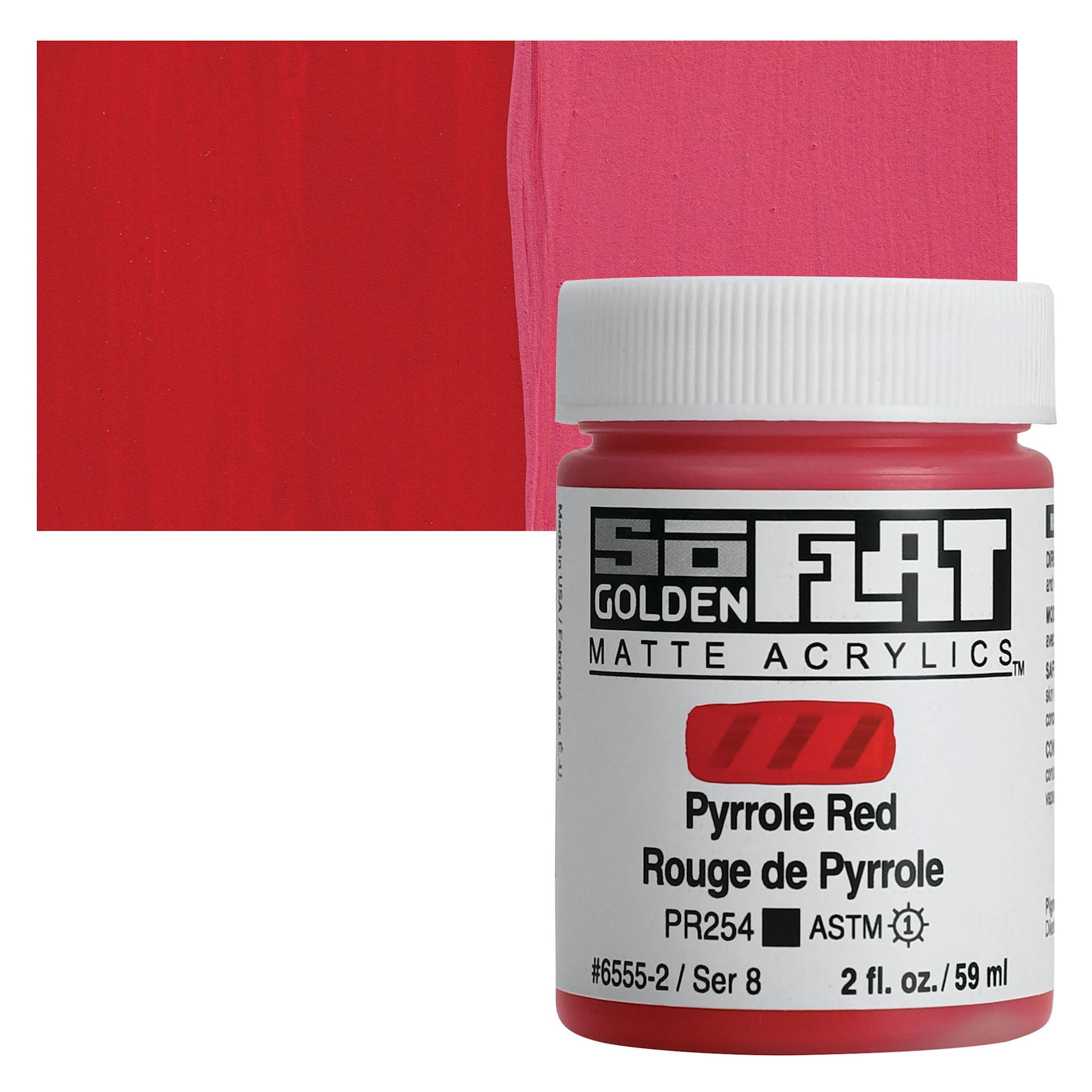 Golden SoFlat Matte Acrylic Paint - Pyrrole Red, 59 ml, Jar and swatch