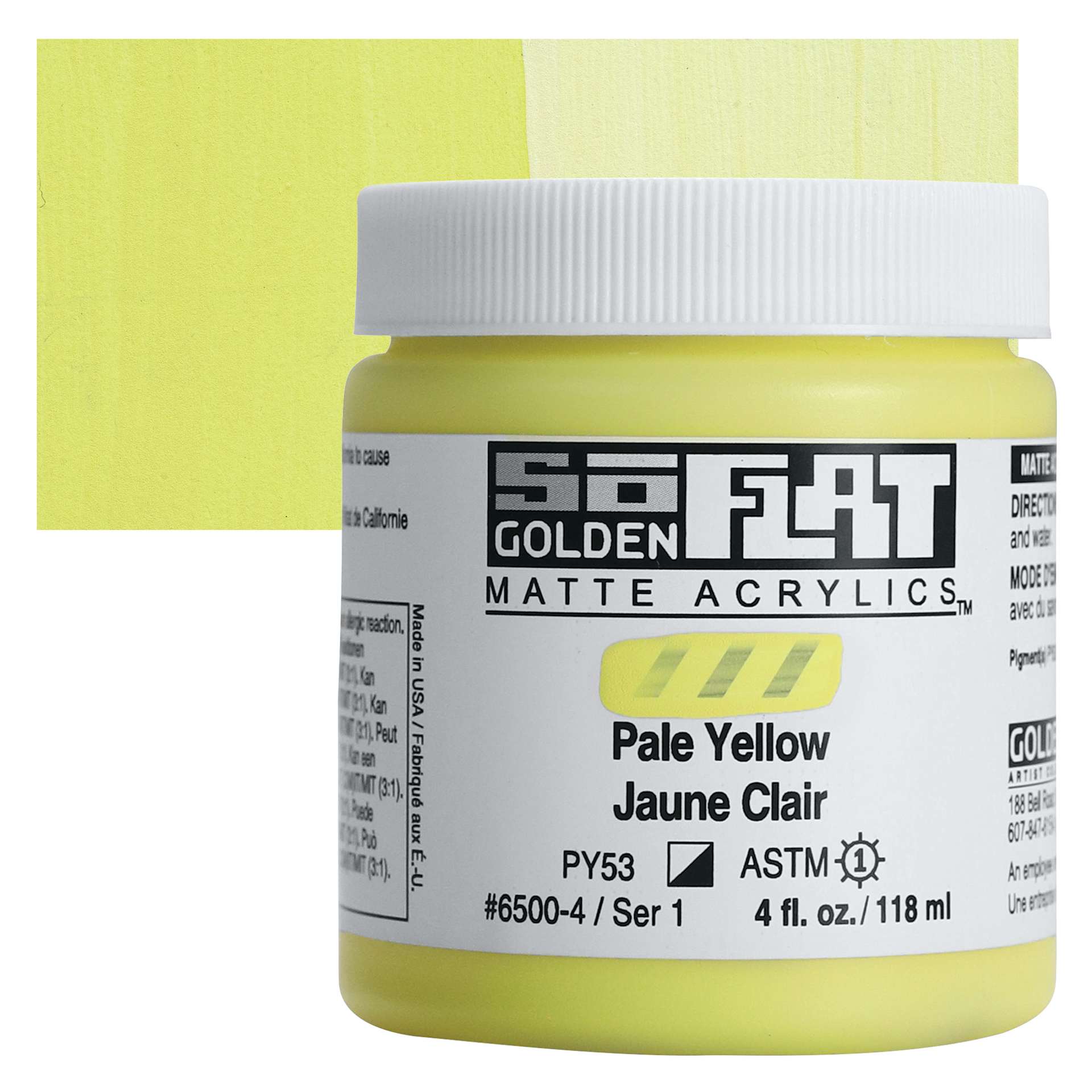 Golden SoFlat Matte Acrylic Paint - Pale Yellow, 118 ml, Jar and swatch