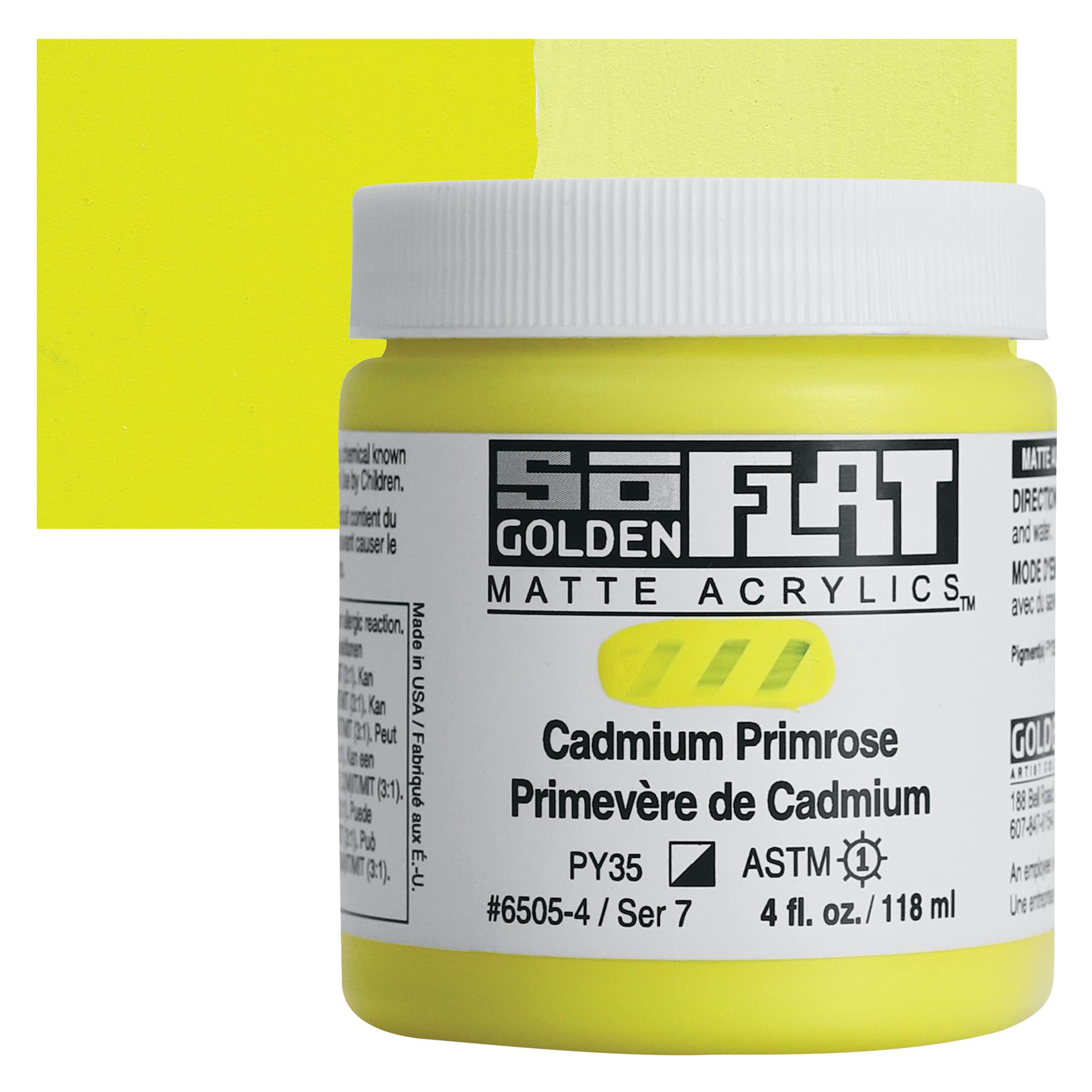 Golden SoFlat Matte Acrylic Paint - Cadmium Primrose, 118 ml, Jar and swatch