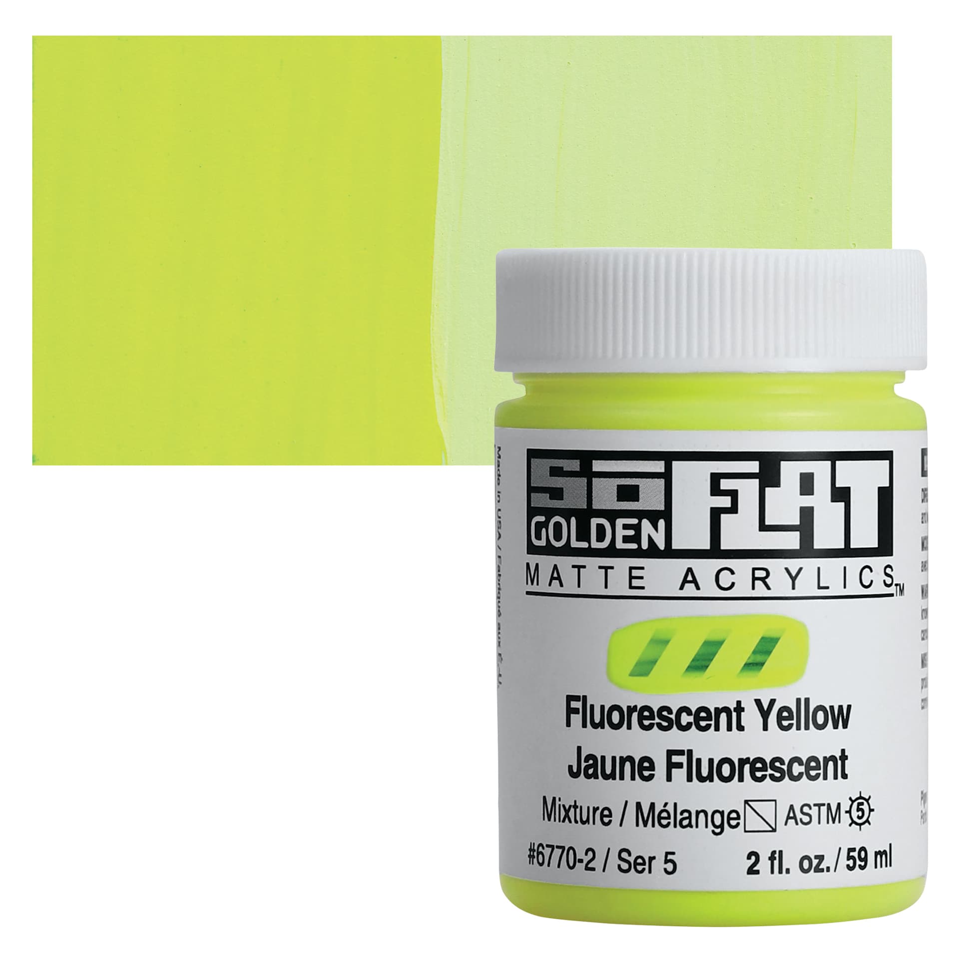 Golden SoFlat Matte Acrylic Paint - Fluorescent Yellow, 59 ml, Jar and swatch Golden SoFlat Matte Acrylic Paint - Fluorescent Yellow, 59 ml, Jar and swatch