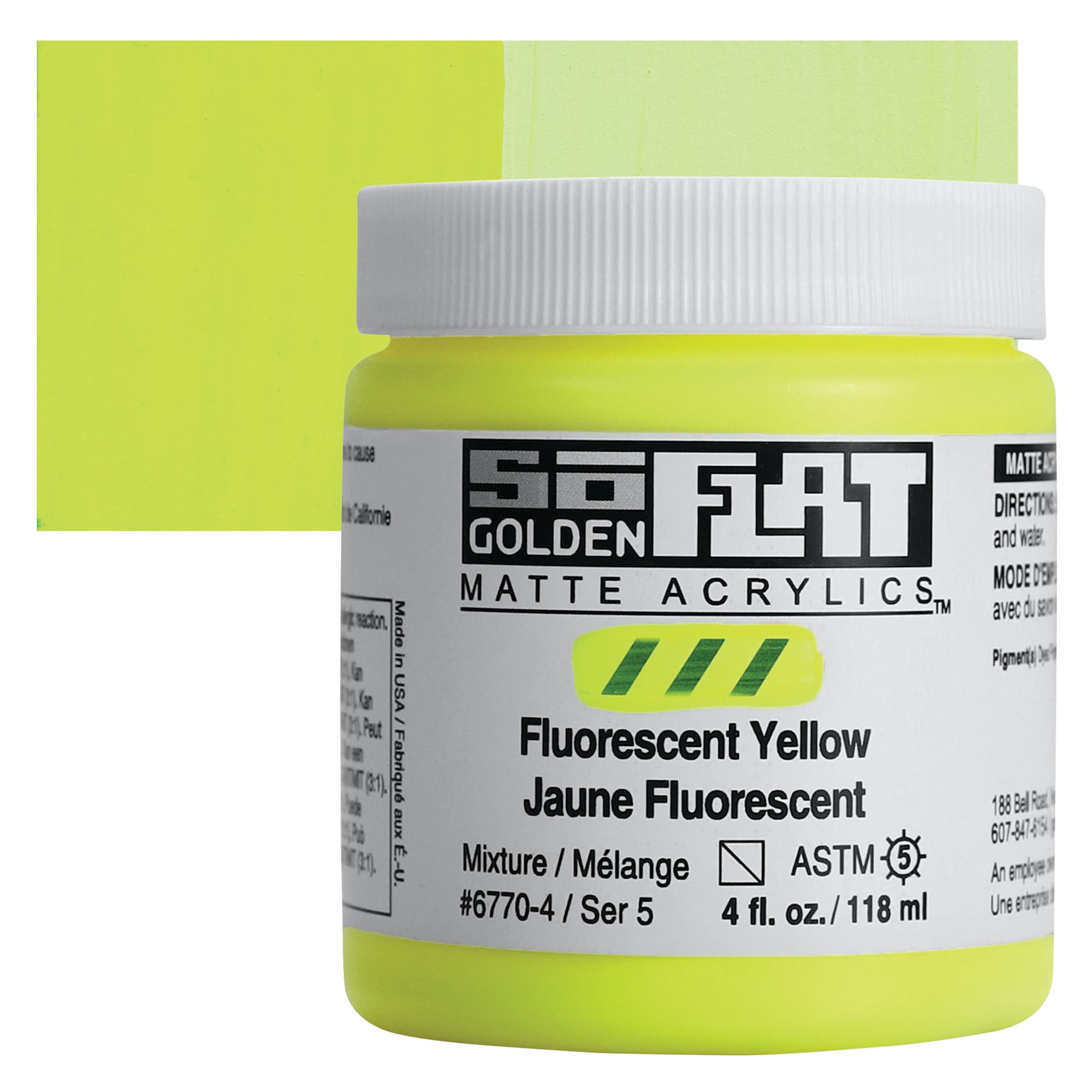 Golden SoFlat Matte Acrylic Paint - Fluorescent Yellow, 118 ml, Jar and swatch