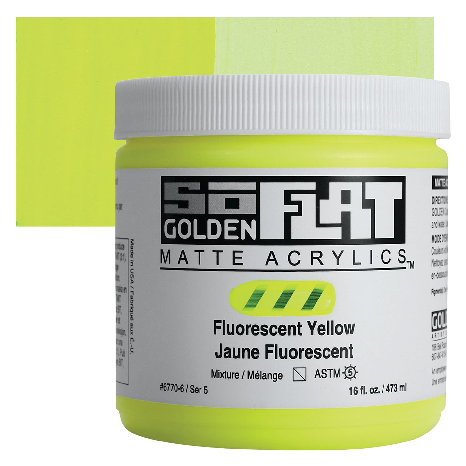 Golden SoFlat Matte Acrylic Paint - Fluorescent Yellow, 473 ml, Jar and swatch