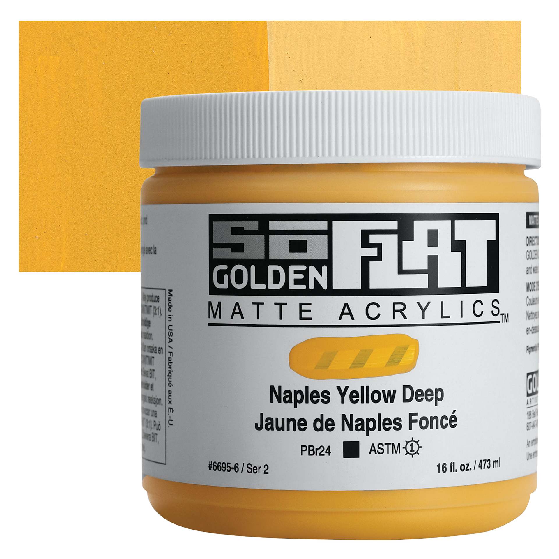 Golden SoFlat Matte Acrylic Paint - Naples Yellow Deep, 473 ml, Jar and swatch Golden SoFlat Matte Acrylic Paint - Naples Yellow Deep, 473 ml, Jar and swatch
