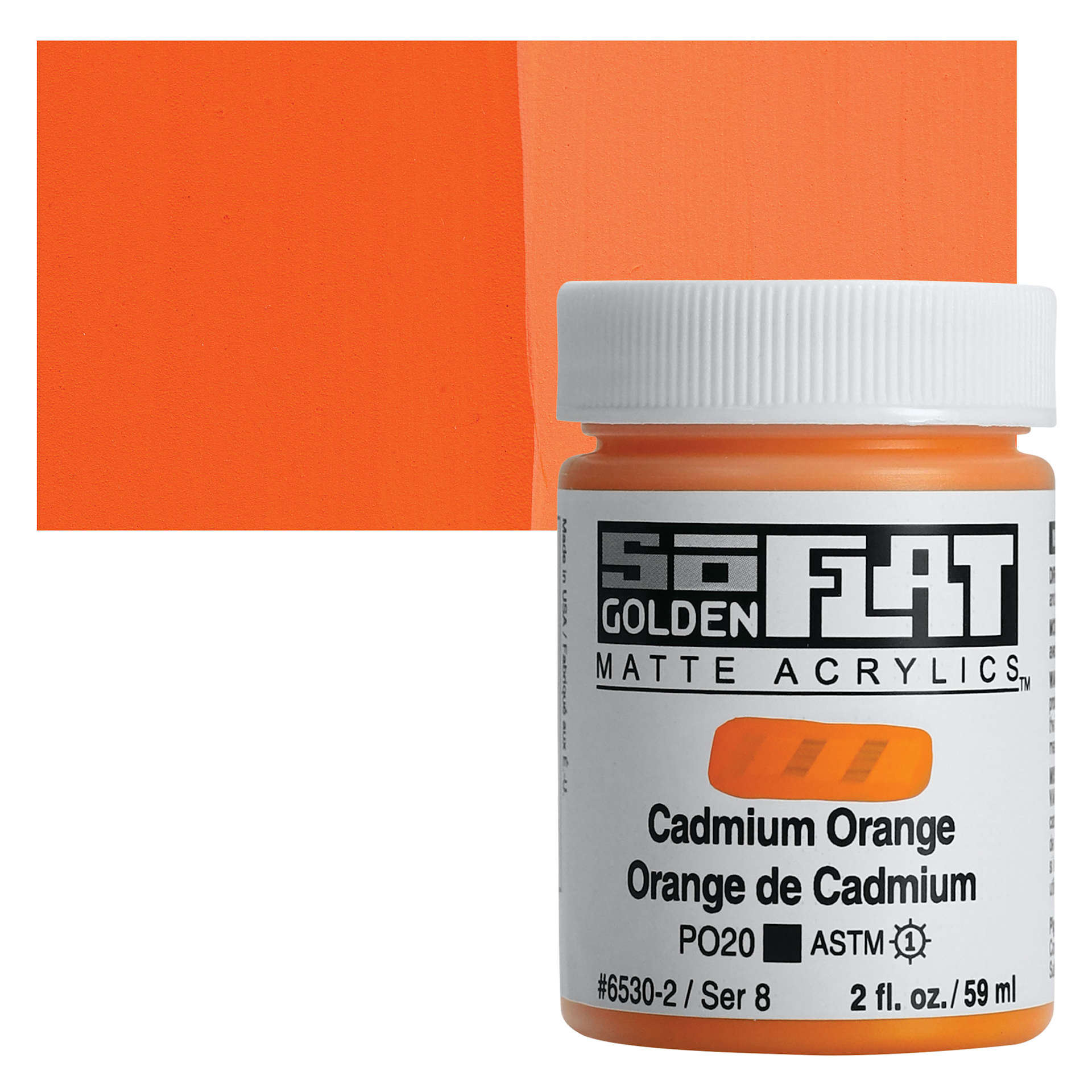 Golden SoFlat Matte Acrylic Paint - Cadmium Orange, 59 ml, Jar and swatch