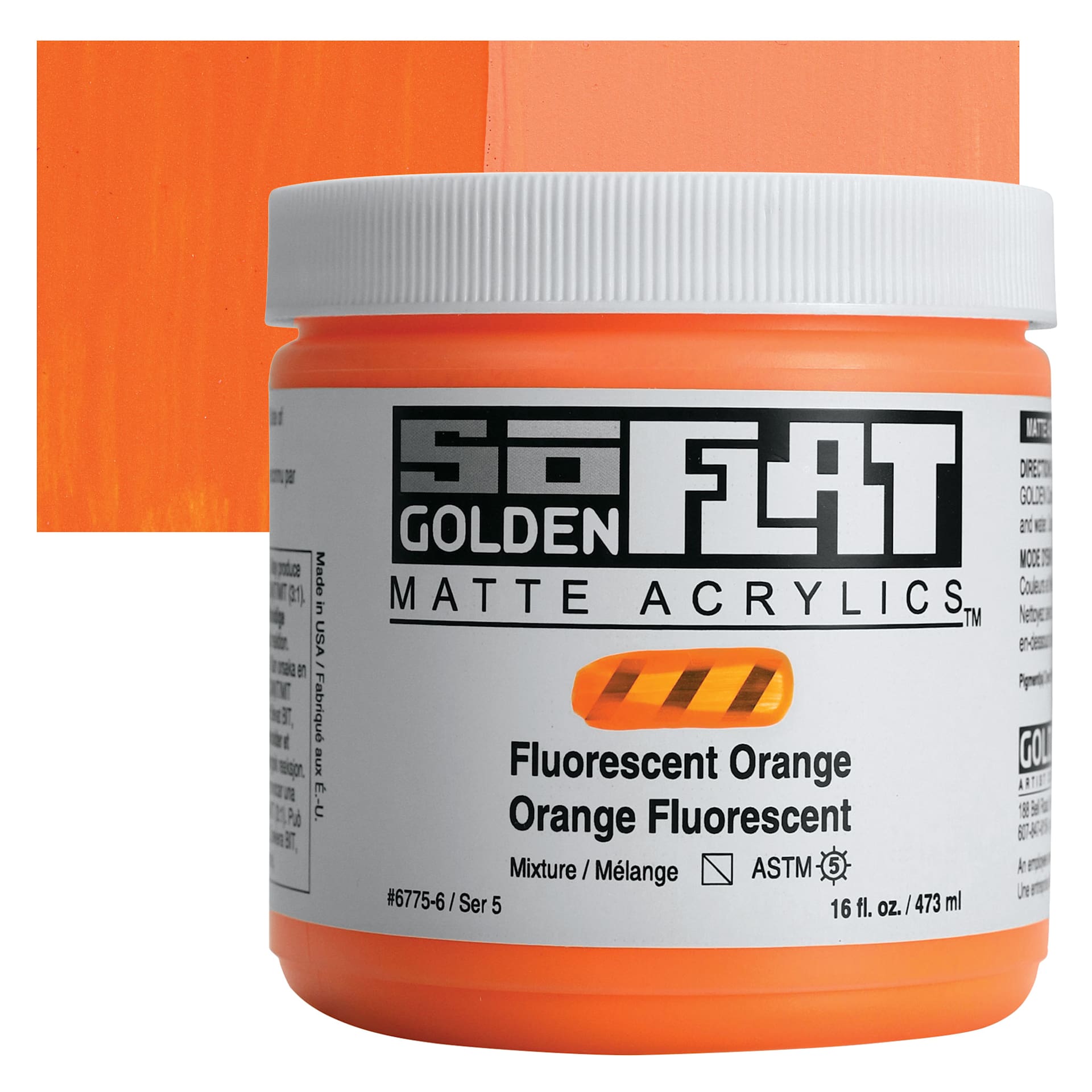 Golden SoFlat Matte Acrylic Paint - Fluorescent Orange, 473 ml, Jar and swatch
