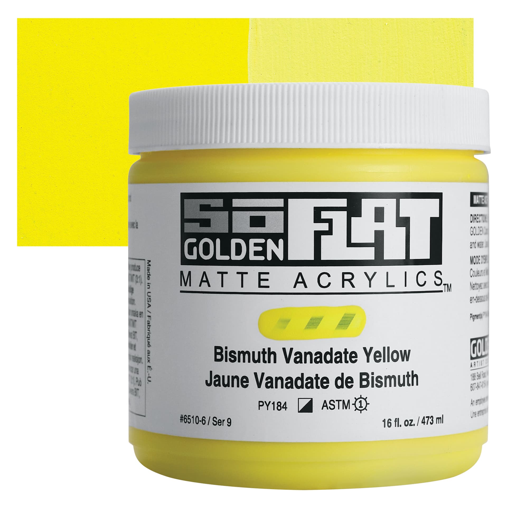 Golden SoFlat Matte Acrylic Paint - Bismuth Vanadate Yellow, 473 ml, Jar and swatch Golden SoFlat Matte Acrylic Paint - Bismuth Vanadate Yellow, 473 ml, Jar and swatch