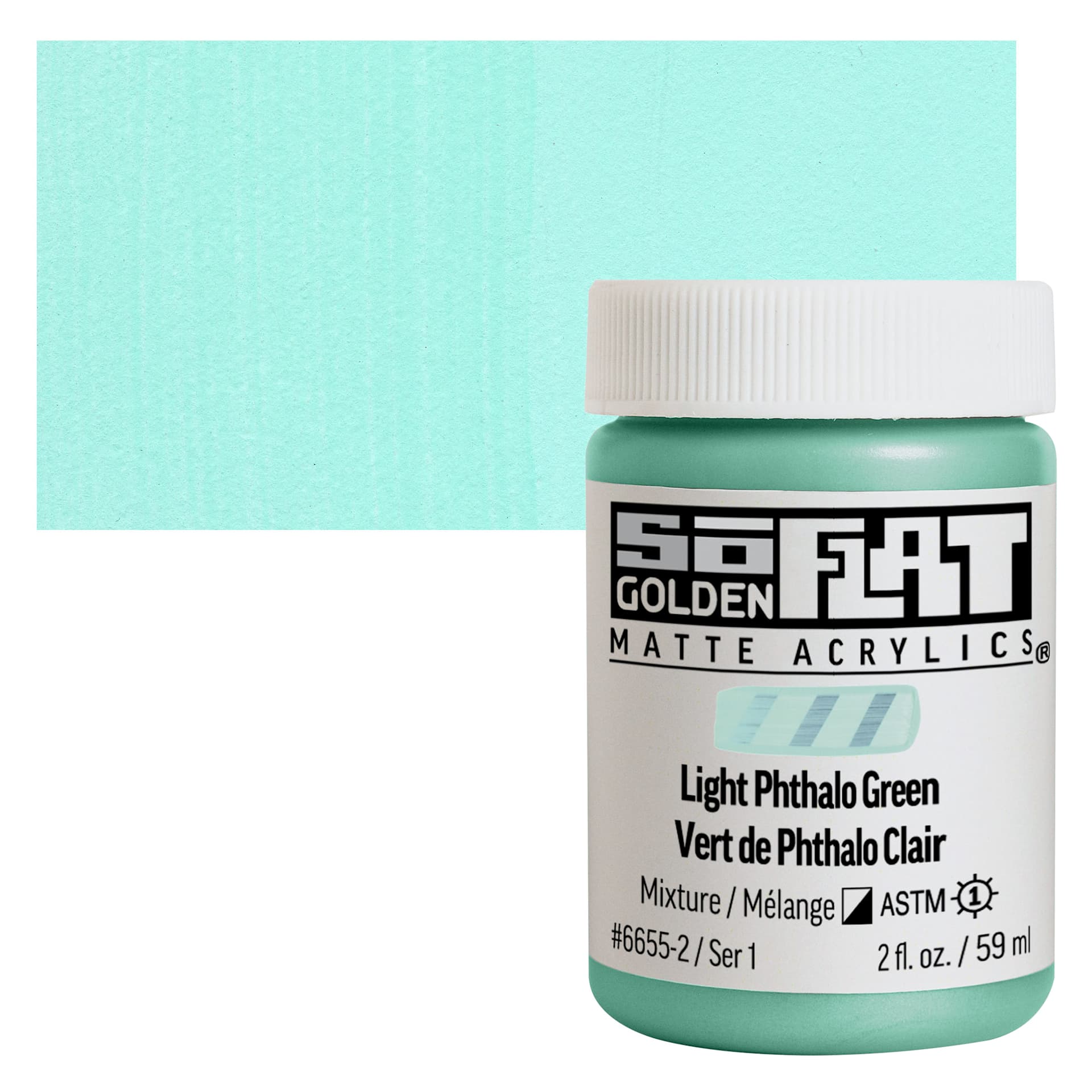 Golden SoFlat Matte Acrylic Paint - Light Phthalo Green, 59 ml, Jar and swatch