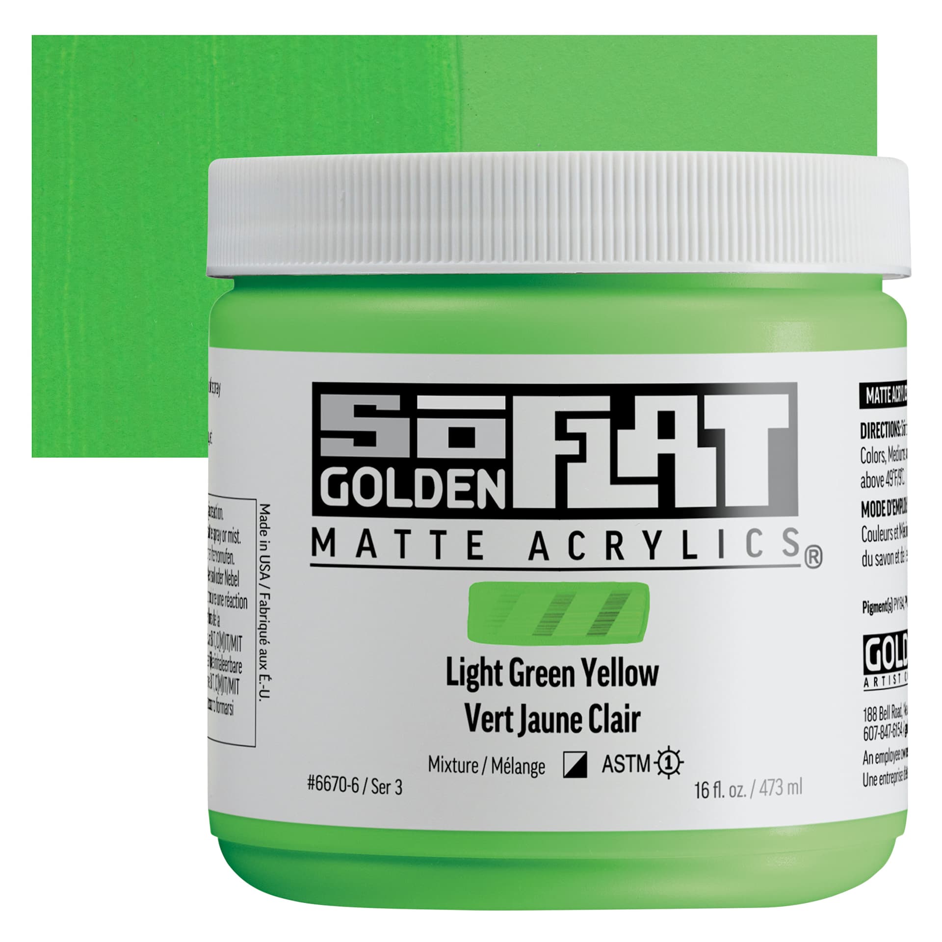 Golden SoFlat Matte Acrylic Paint - Light Green Yellow, 473 ml, Jar and swatch