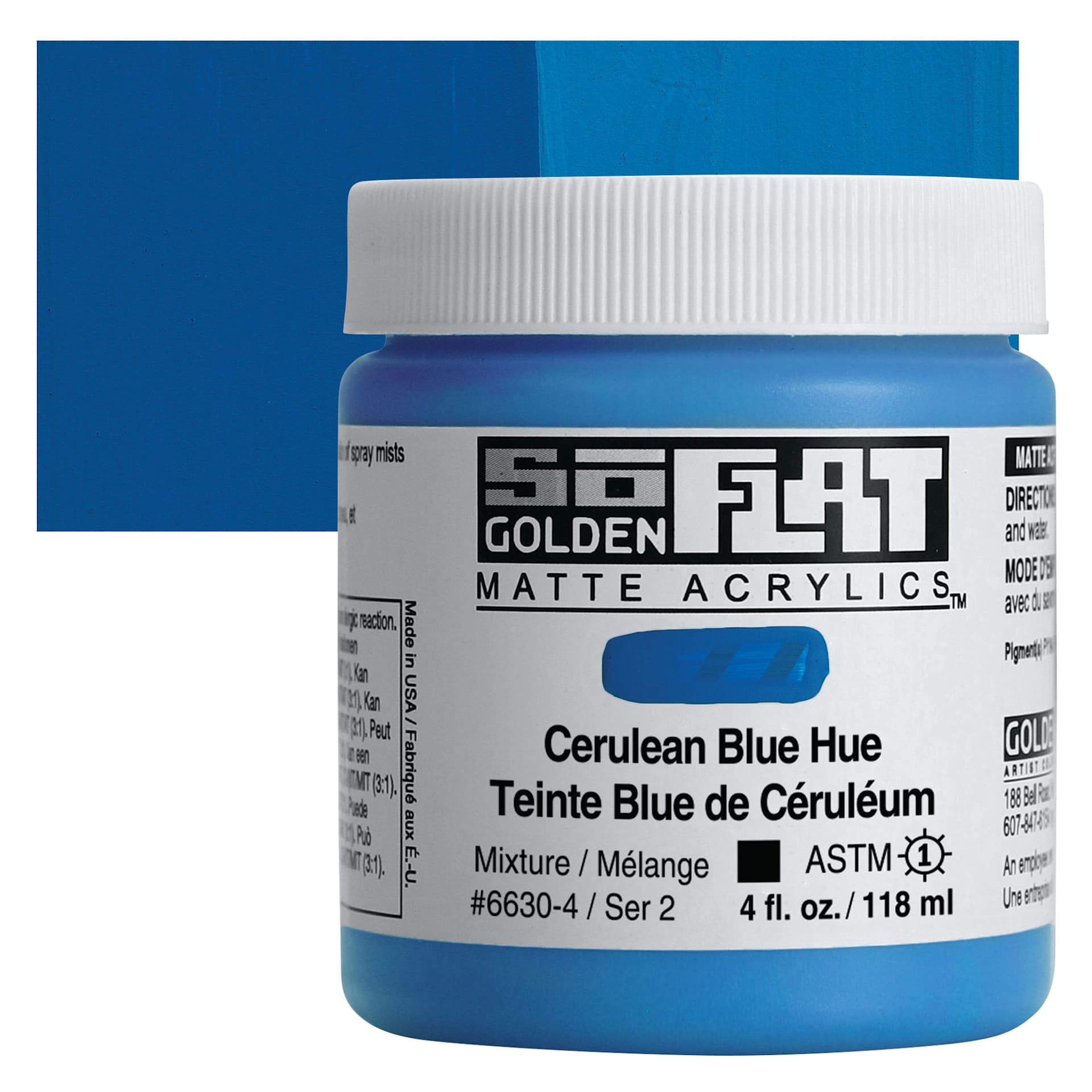 Golden SoFlat Matte Acrylic Paint - Cerulean Blue Hue, 118 ml, Jar and swatch Golden SoFlat Matte Acrylic Paint - Cerulean Blue Hue, 118 ml, Jar and swatch