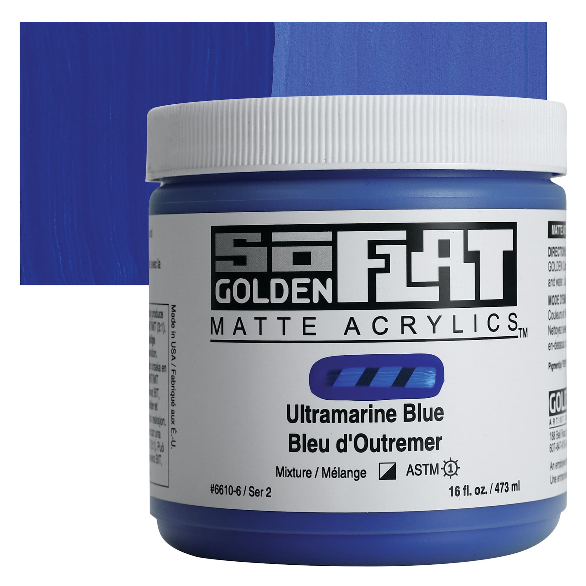 Golden SoFlat Matte Acrylic Paint - Ultramarine Blue, 473 ml, Jar and swatch