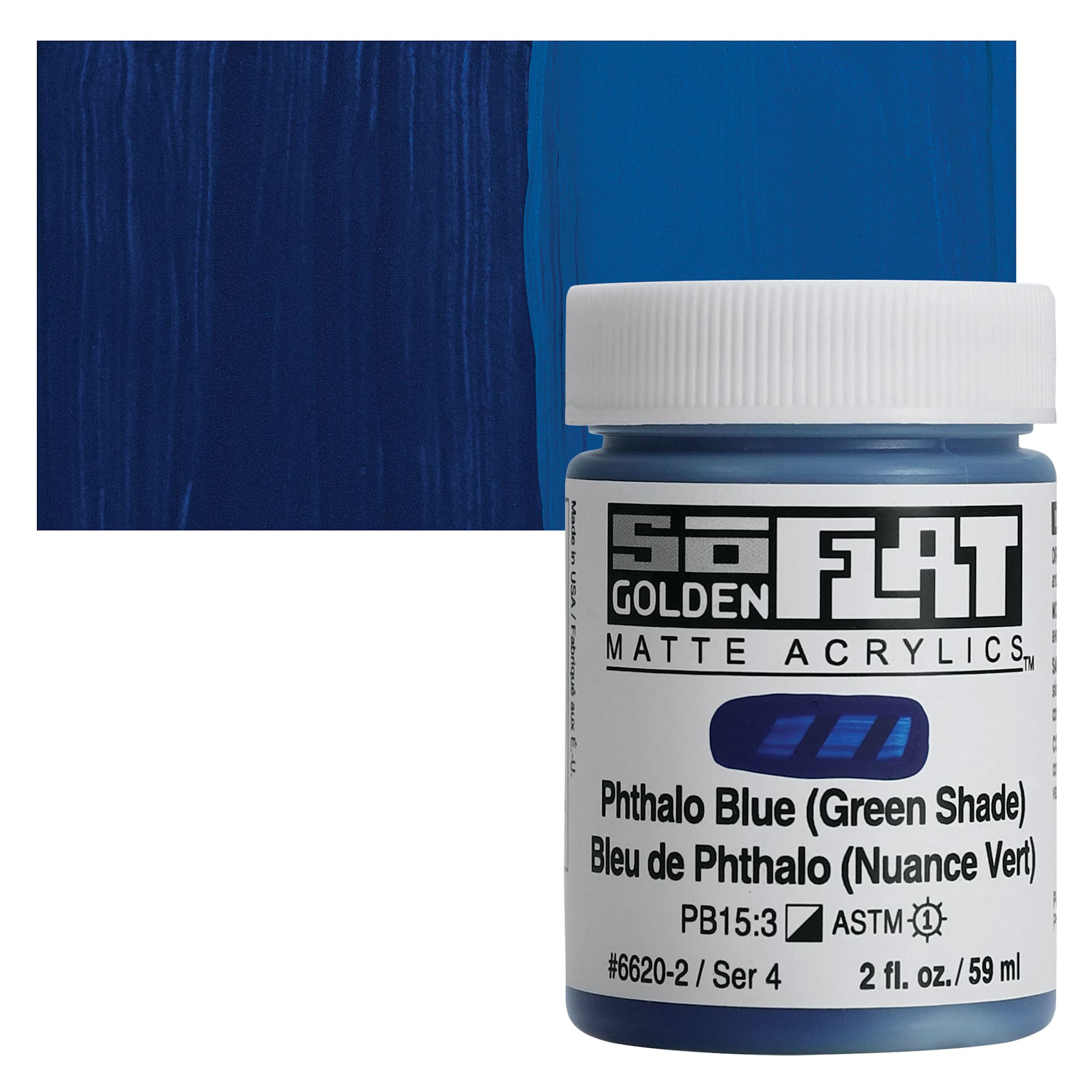 Golden SoFlat Matte Acrylic Paint - Phthalo Blue (Green Shade), 59 ml, Jar and swatch