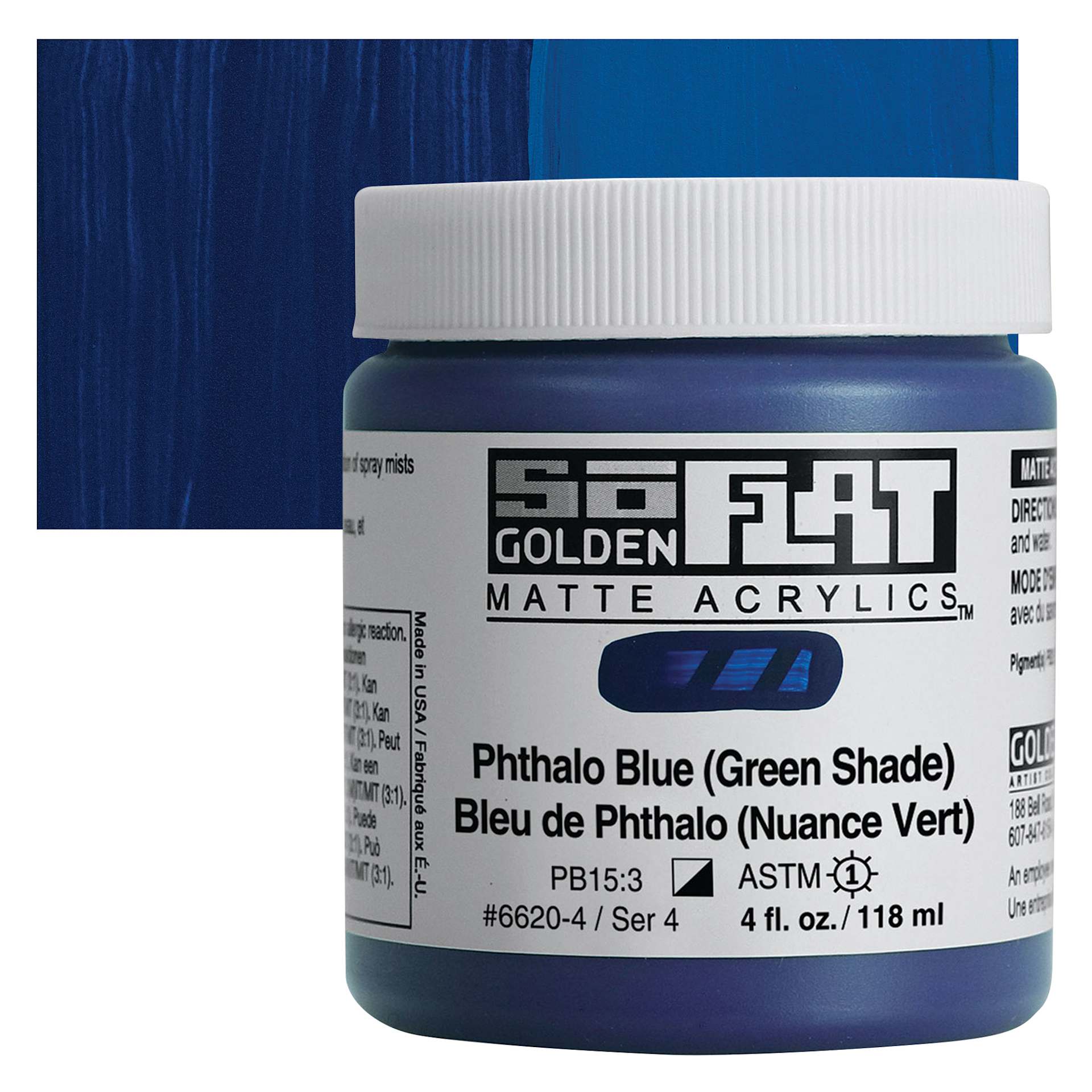 Golden SoFlat Matte Acrylic Paint - Phthalo Blue (Green Shade), 118 ml, Jar and swatch