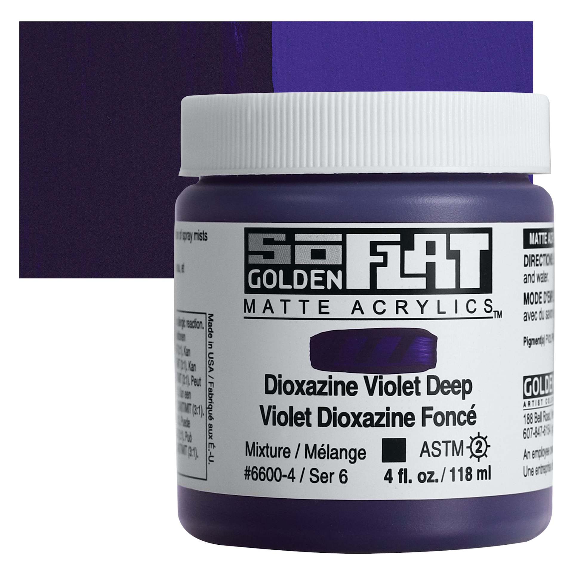 Golden SoFlat Matte Acrylic Paint - Dioxazine Violet Deep, 118 ml, Jar and swatch Golden SoFlat Matte Acrylic Paint - Dioxazine Violet Deep, 118 ml, Jar and swatch