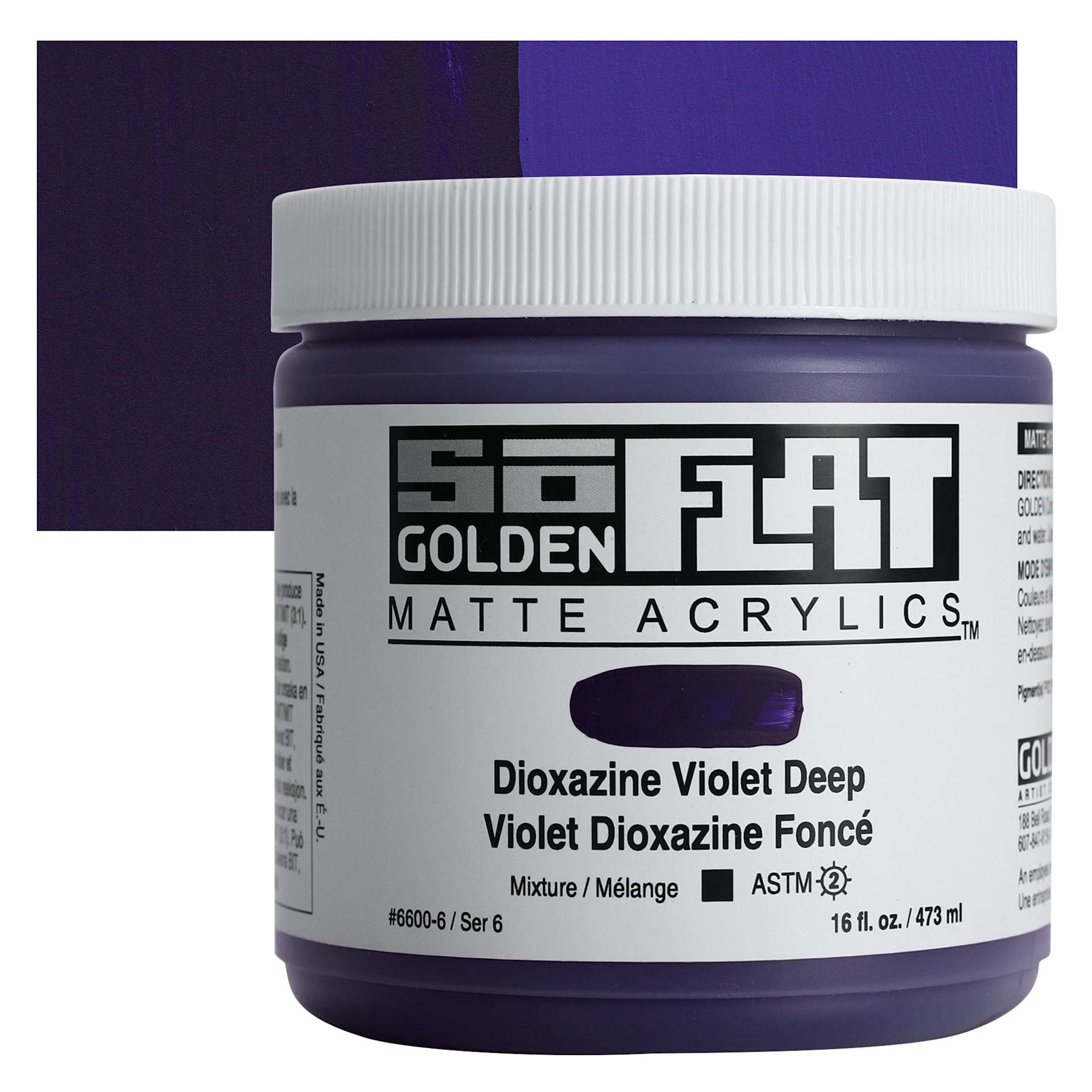 Golden SoFlat Matte Acrylic Paint - Dioxazine Violet Deep, 473 ml, Jar and swatch