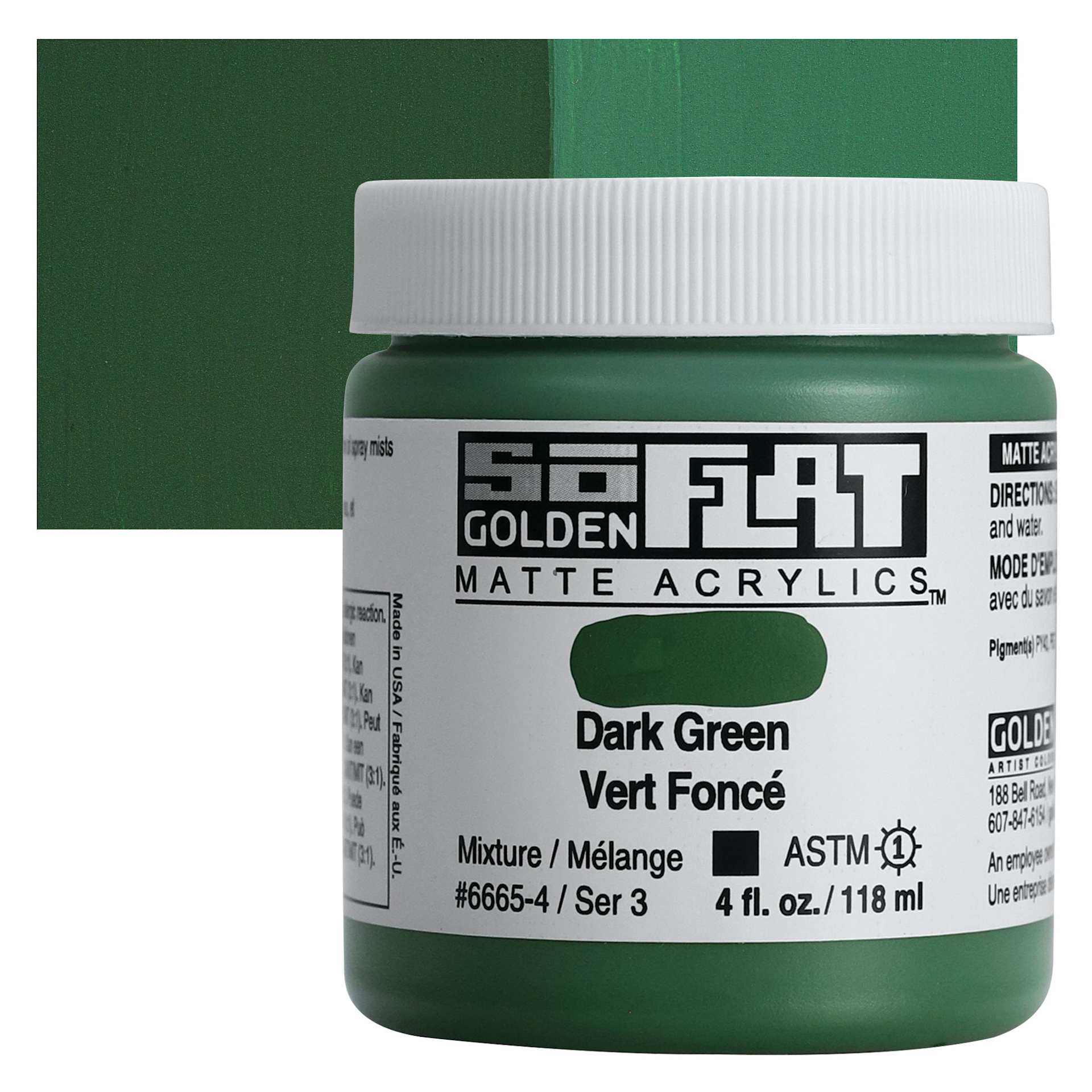 Golden SoFlat Matte Acrylic Paint - Dark Green, 118 ml, Jar and swatch Golden SoFlat Matte Acrylic Paint - Dark Green, 118 ml, Jar and swatch
