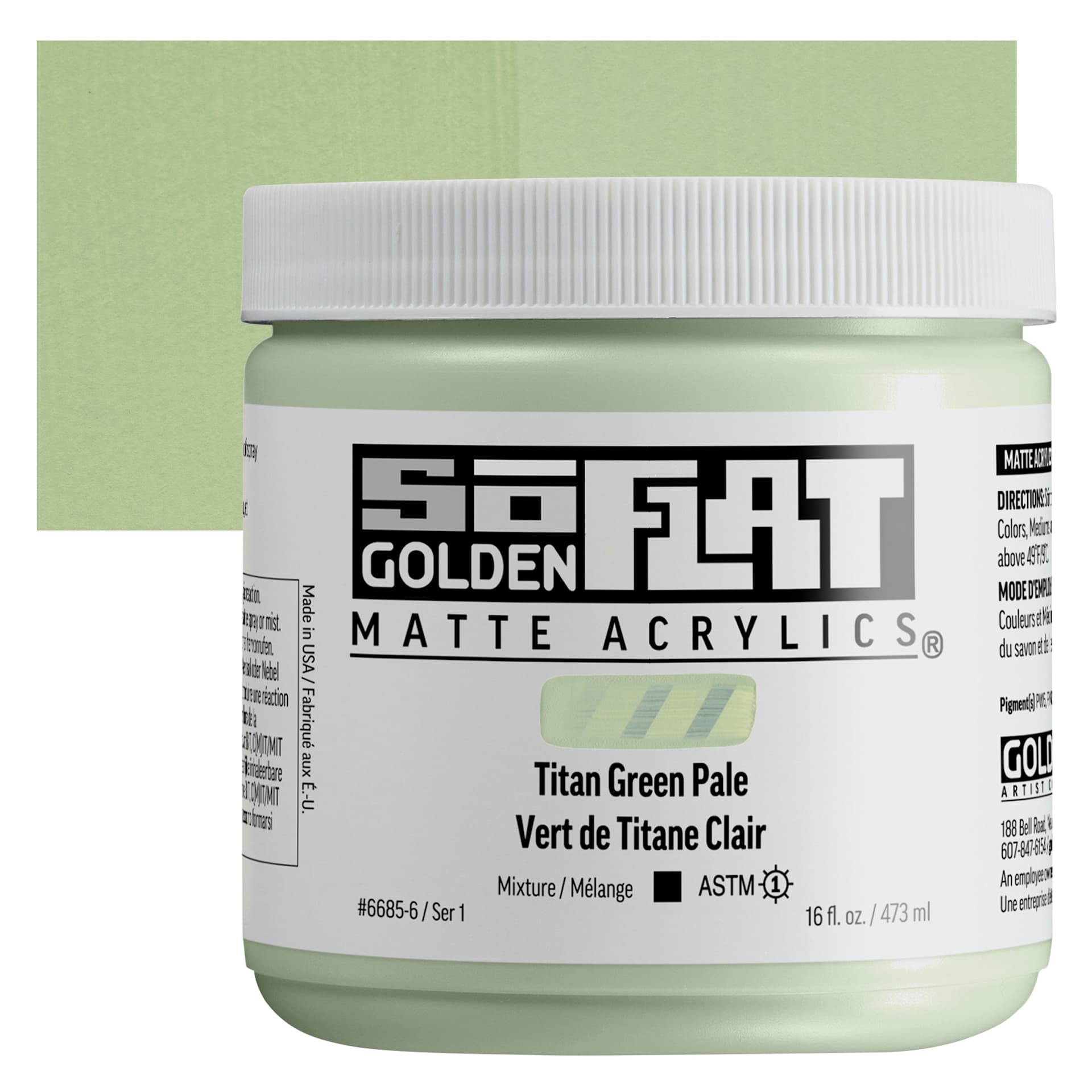 Golden SoFlat Matte Acrylic Paint - Titan Green Pale, 473 ml, Jar and swatch