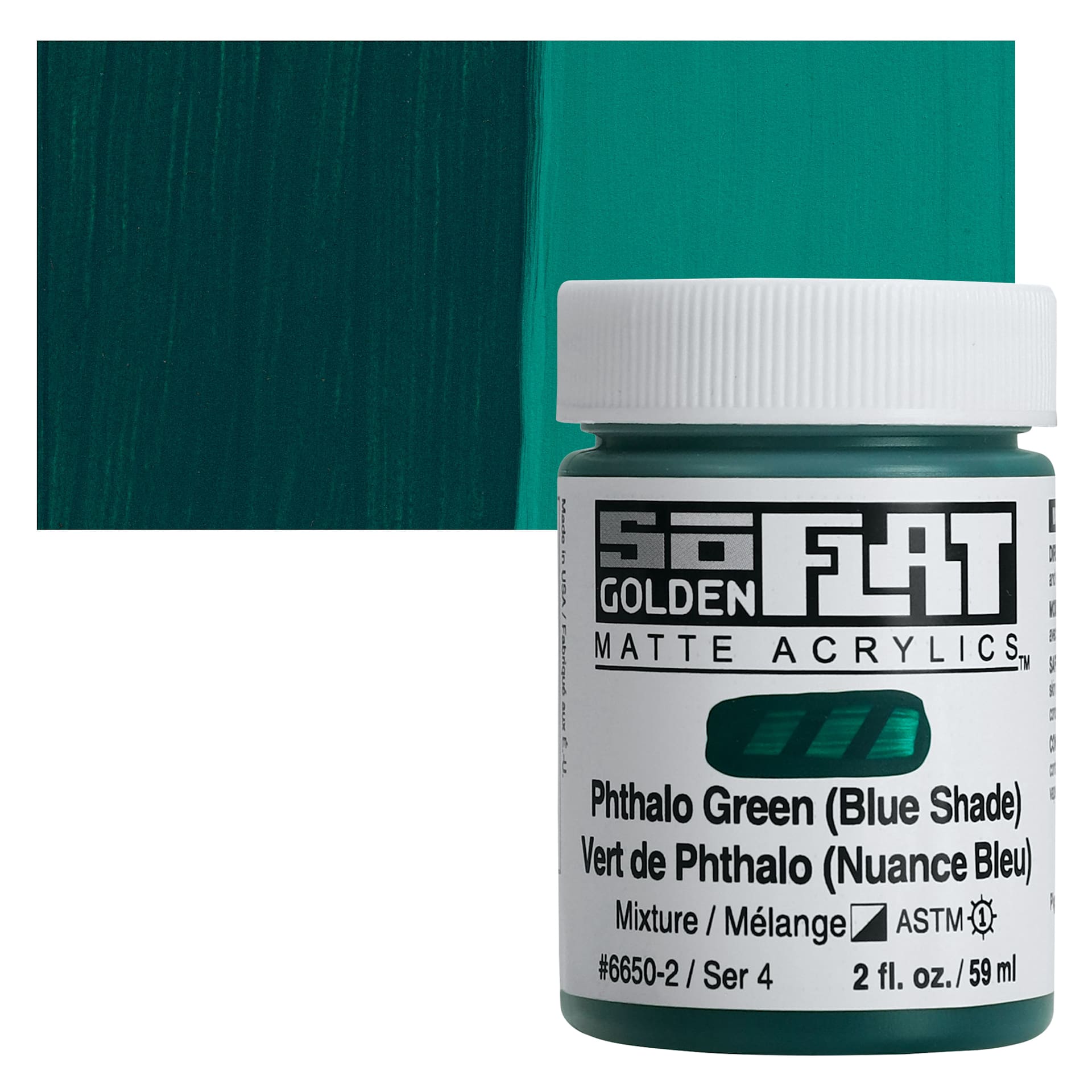 Golden SoFlat Matte Acrylic Paint - Phthalo Green (Blue Shade), 59 ml, Jar and swatch