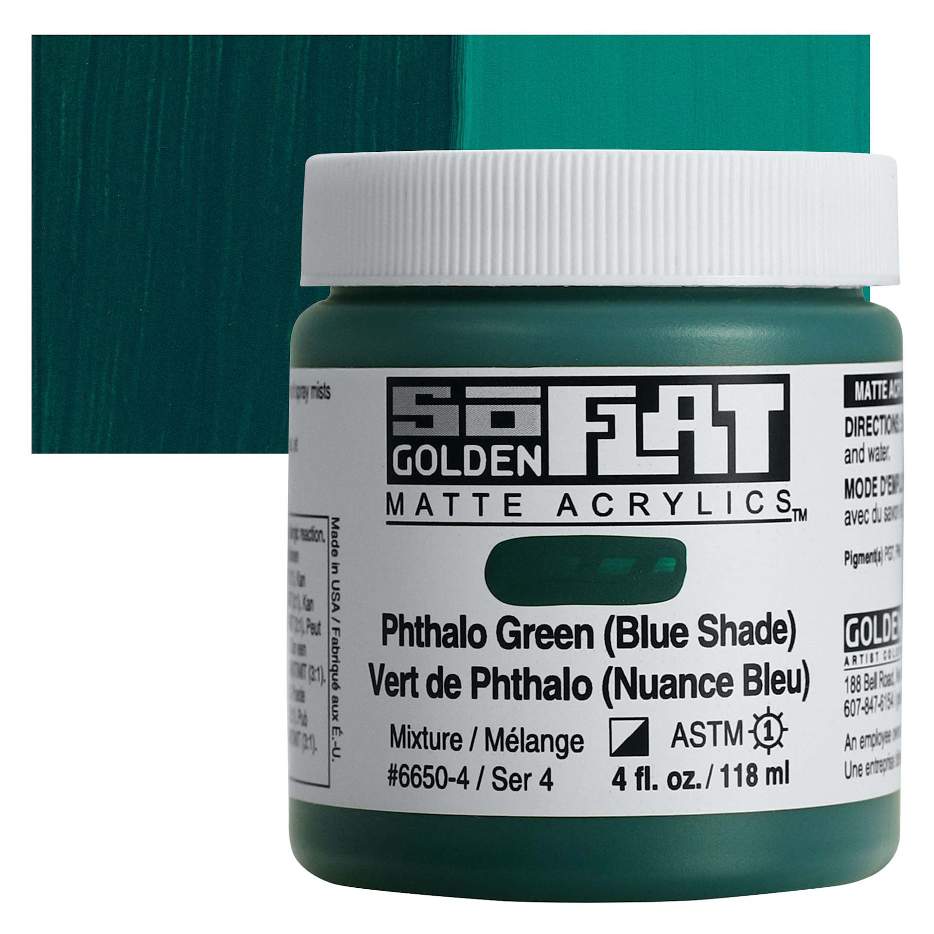 Golden SoFlat Matte Acrylic Paint - Phthalo Green (Blue Shade), 118 ml, Jar and swatch Golden SoFlat Matte Acrylic Paint - Phthalo Green (Blue Shade), 118 ml, Jar and swatch