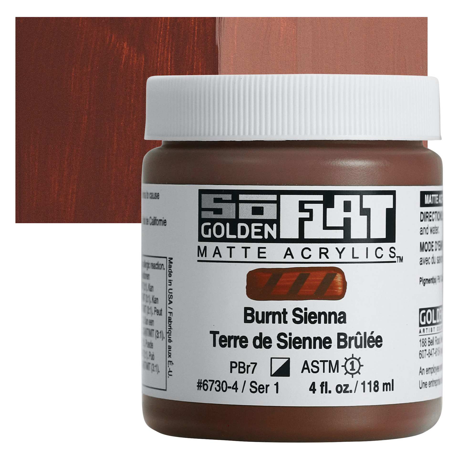 Golden SoFlat Matte Acrylic Paint - Burnt Sienna, 118 ml, Jar and swatch