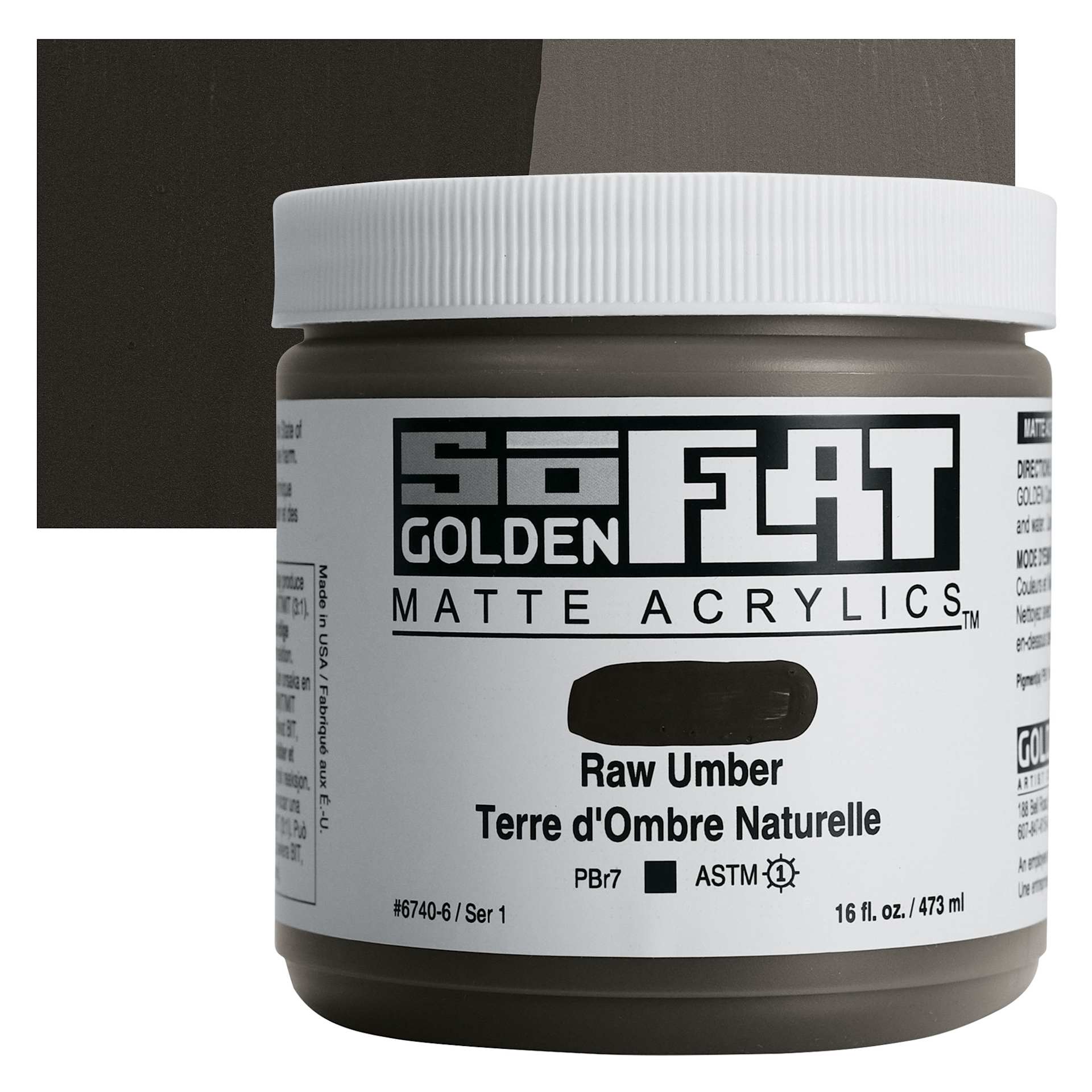 Golden SoFlat Matte Acrylic Paint - Raw Umber, 473 ml, Jar and swatch Golden SoFlat Matte Acrylic Paint - Raw Umber, 473 ml, Jar and swatch