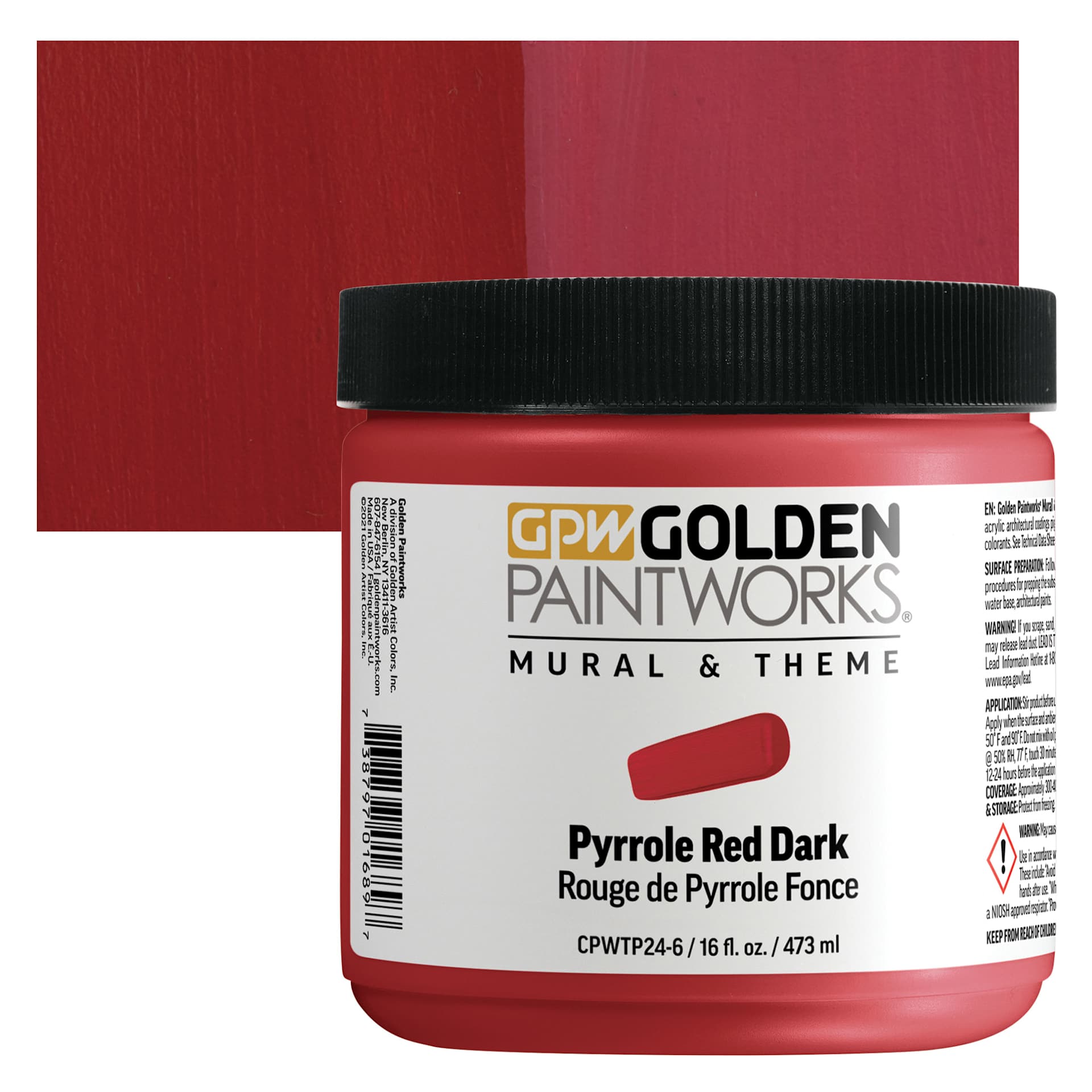 Golden Paintworks Mural and Theme Acrylic Paint - Pyrrole Red Dark, 16 oz, Jar and swatch