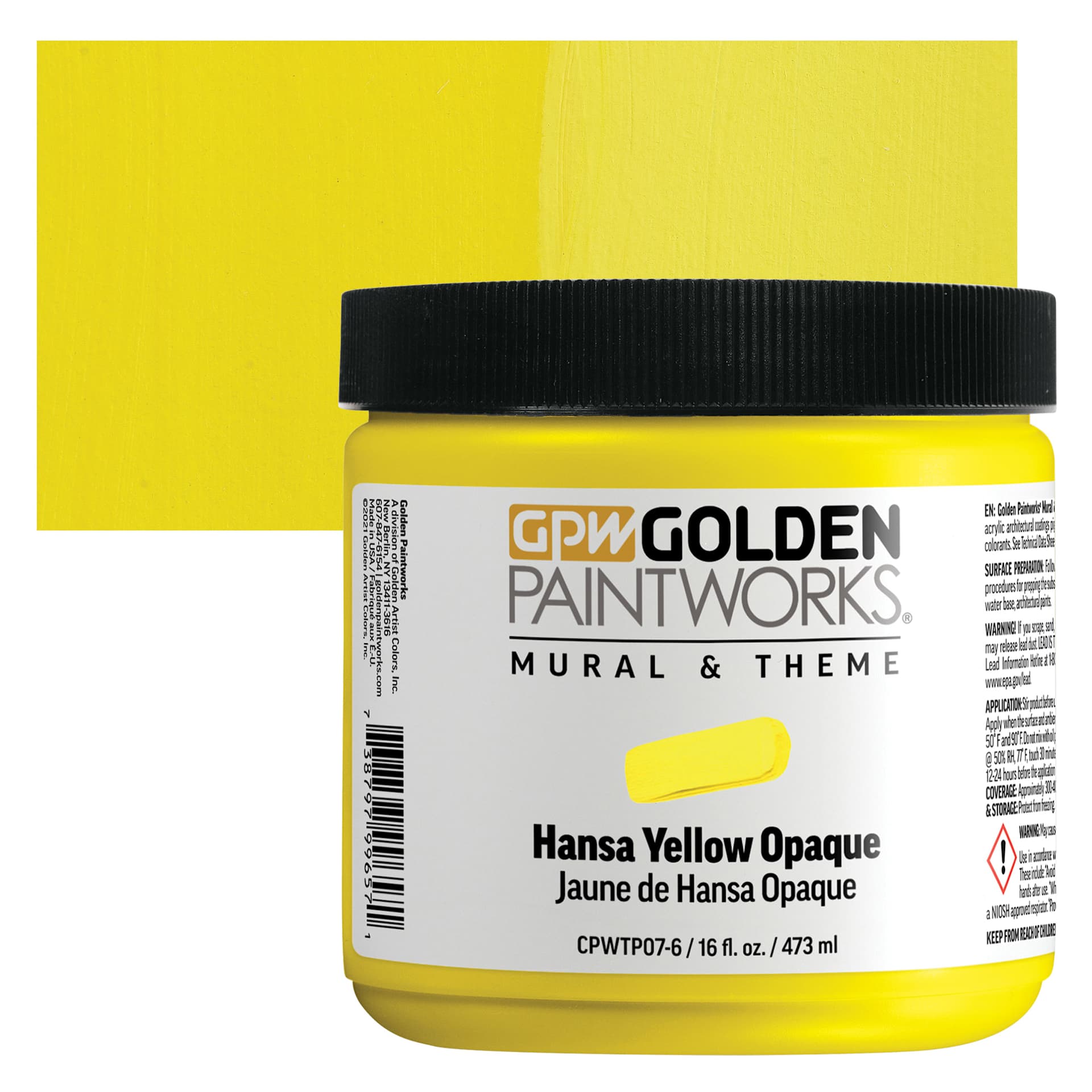 Golden Paintworks Mural and Theme Acrylic Paint - Hansa Yellow Opaque, 16 oz, Jar and swatch