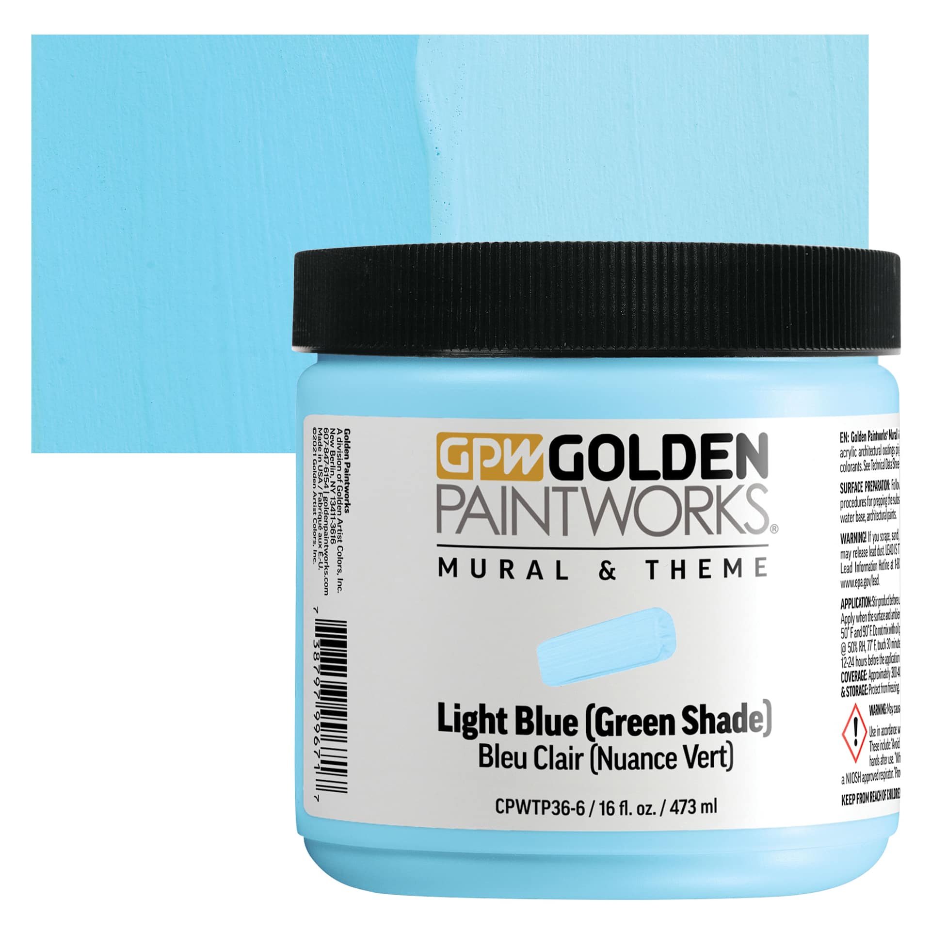 Golden Paintworks Mural and Theme Acrylic Paint - Light Blue (Green Shade), 16 oz, Jar and swatch