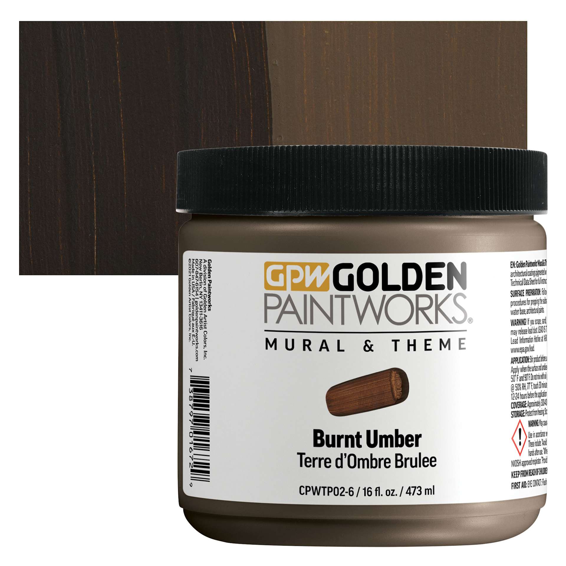 Golden Paintworks Mural and Theme Acrylic Paint - Burnt Umber, 16 oz, Jar and swatch