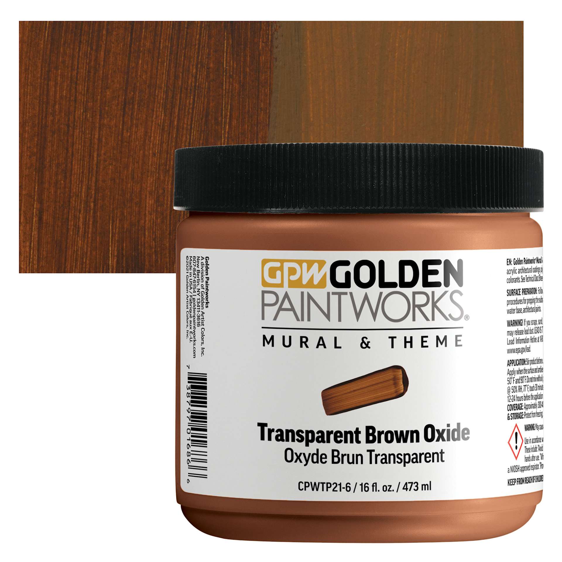 Golden Paintworks Mural and Theme Acrylic Paint - Transparent Brown Oxide, 16 oz, Jar and swatch