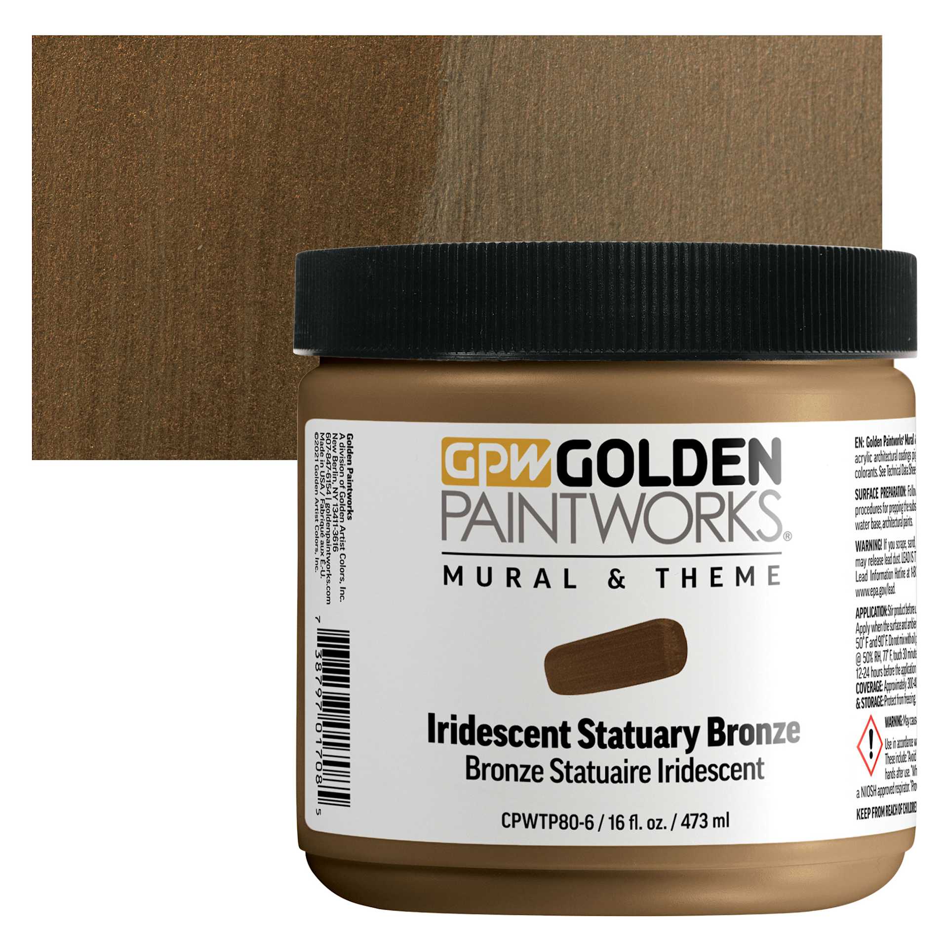 Golden Paintworks Mural and Theme Acrylic Paint - Iridescent Statuary Bronze, 16 oz, Jar and swatch