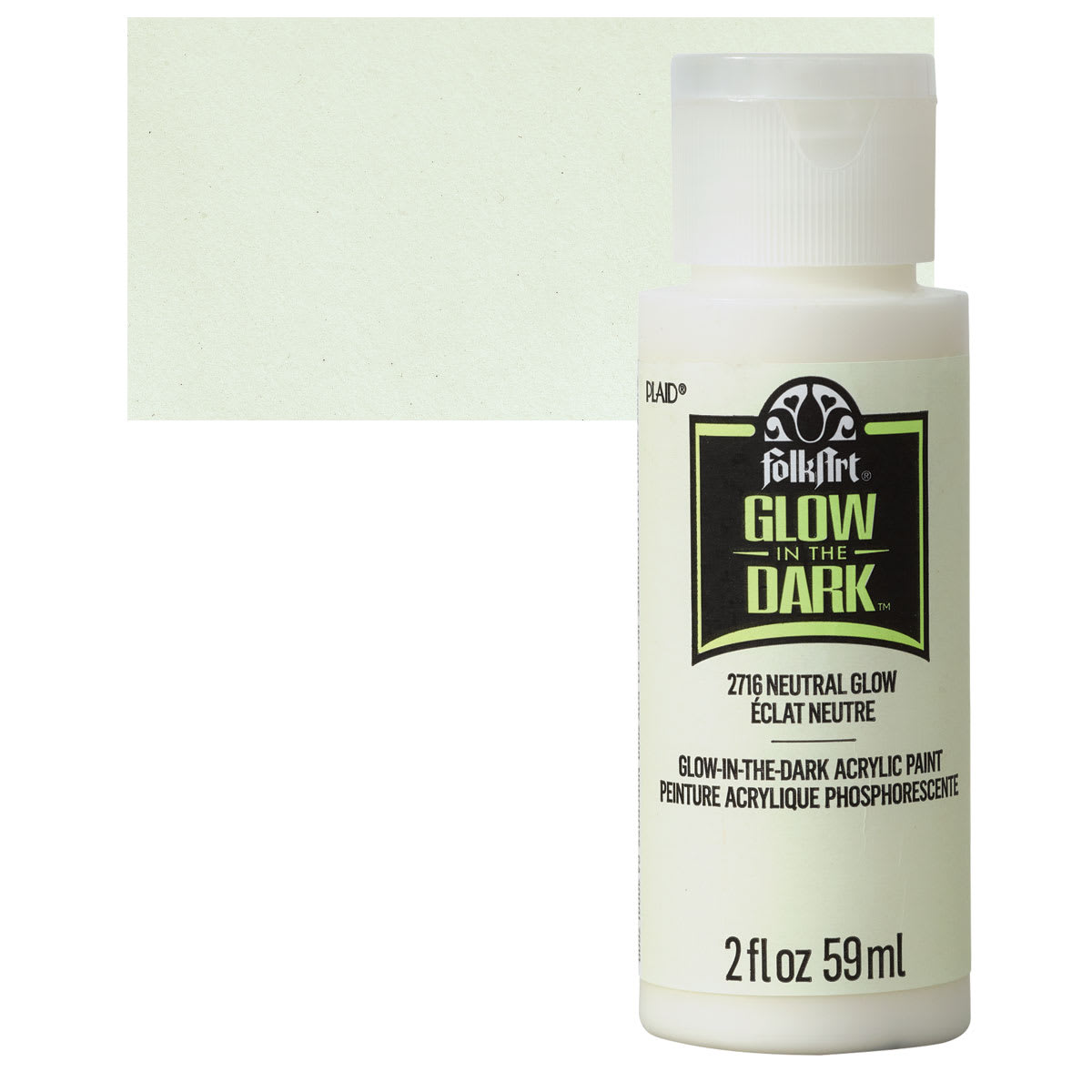 Plaid FolkArt Glow In The Dark Acrylic Paint - Neutral, 2 oz, Bottle and swatch