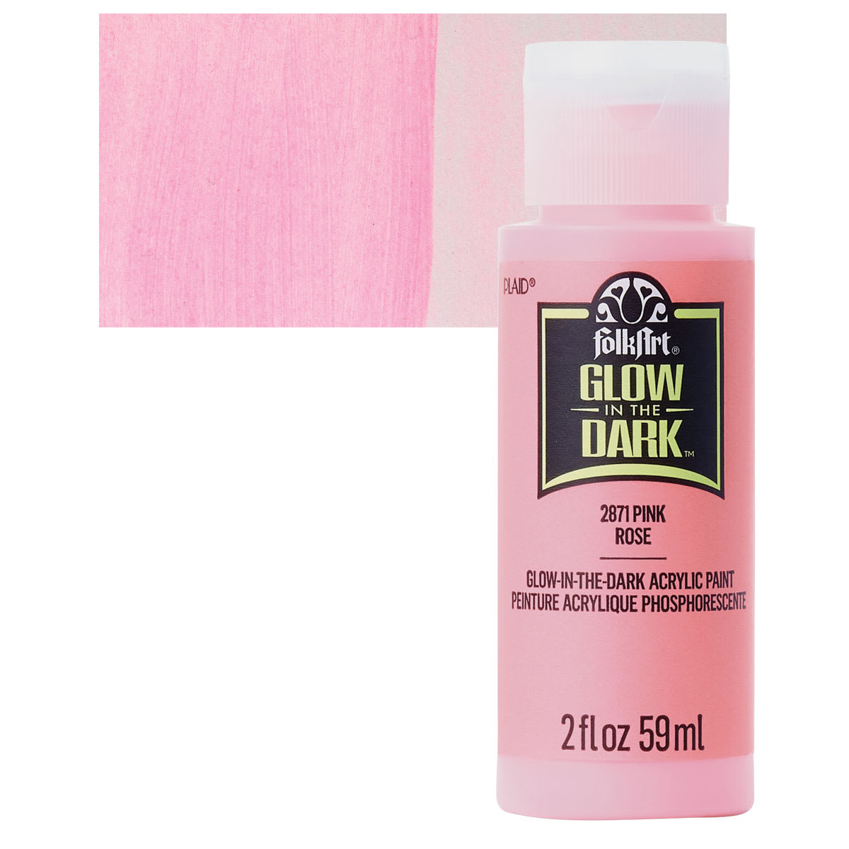 Plaid FolkArt Glow In The Dark Acrylic Paint - Pink, 2 oz, Bottle and swatch