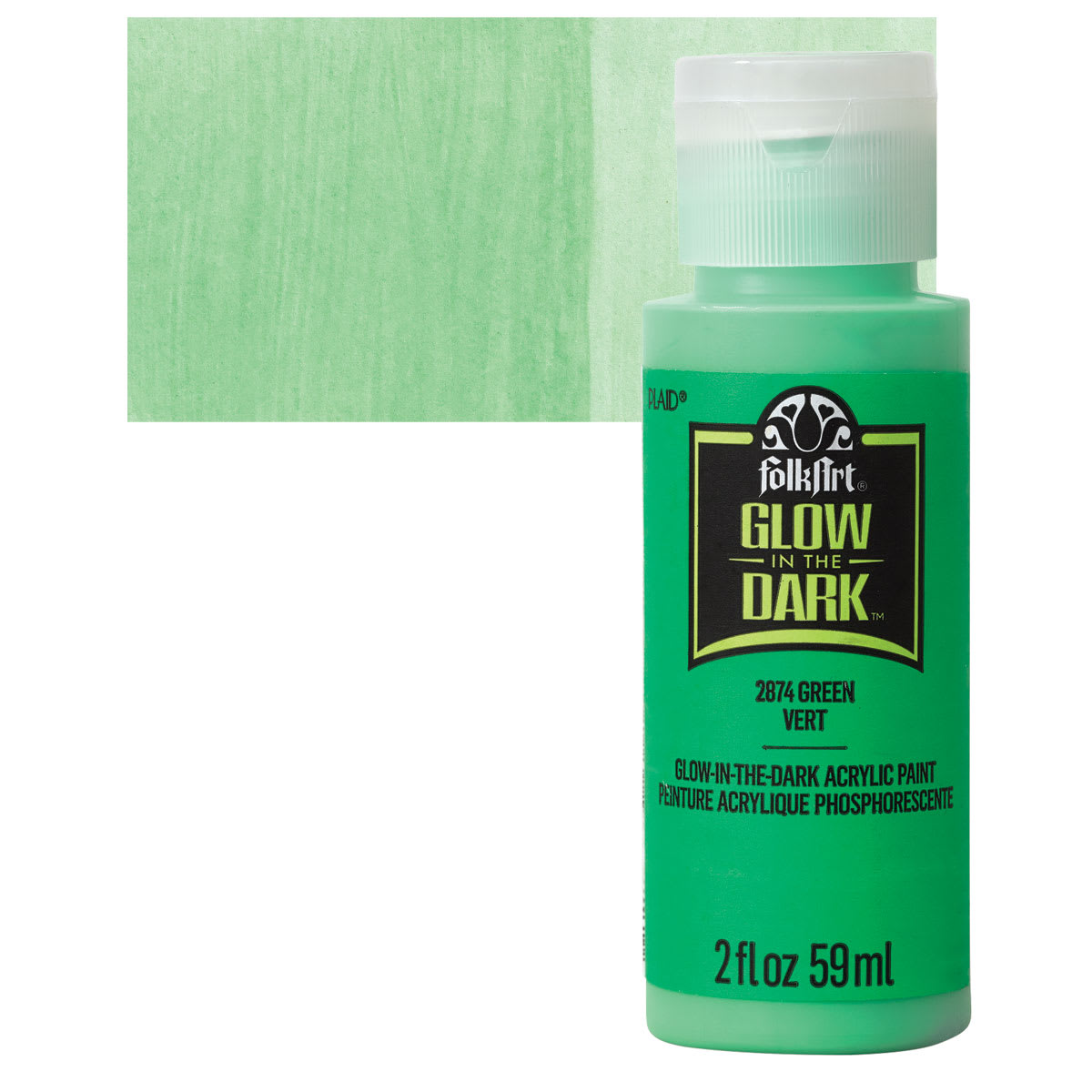 Plaid FolkArt Glow In The Dark Acrylic Paint - Green, 2 oz, Bottle and swatch