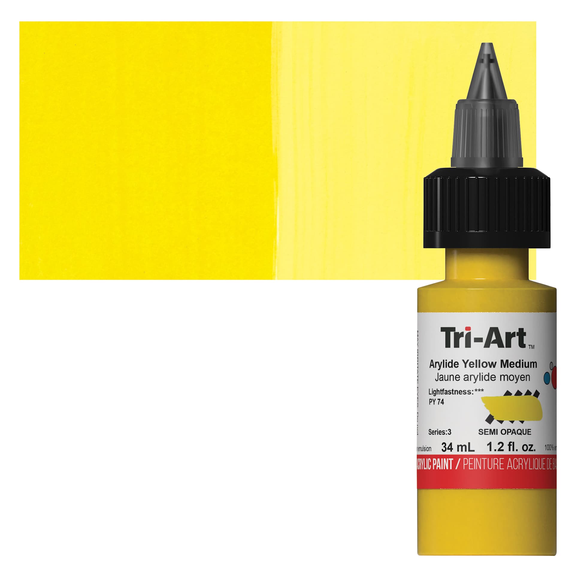 Tri-Art Low-Viscosity Artist Acrylic - Arylide Yellow Medium, 34 ml Tube and swatch