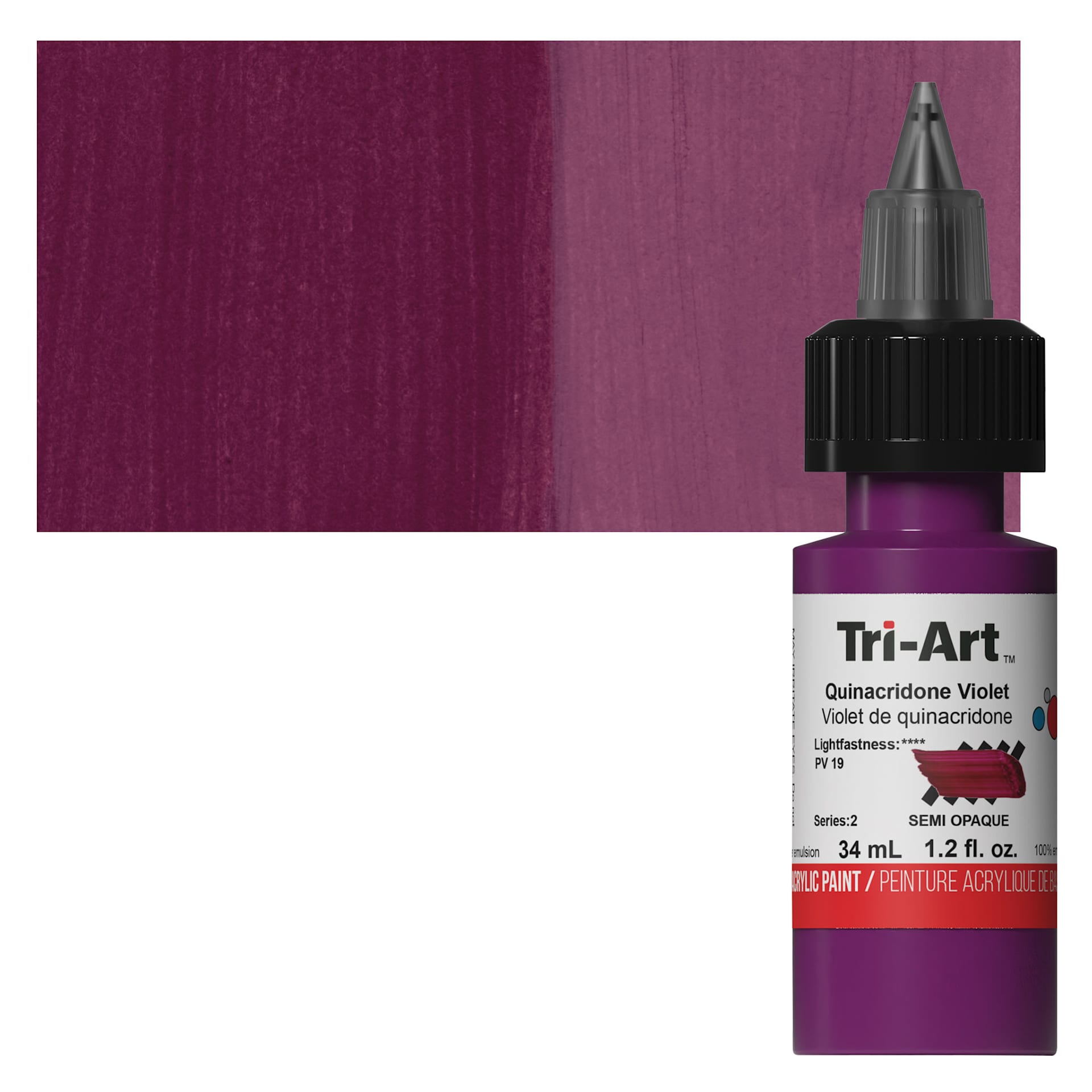 Tri-Art Low-Viscosity Artist Acrylic - Quinacridone Violet, 34 ml Tube and swatch