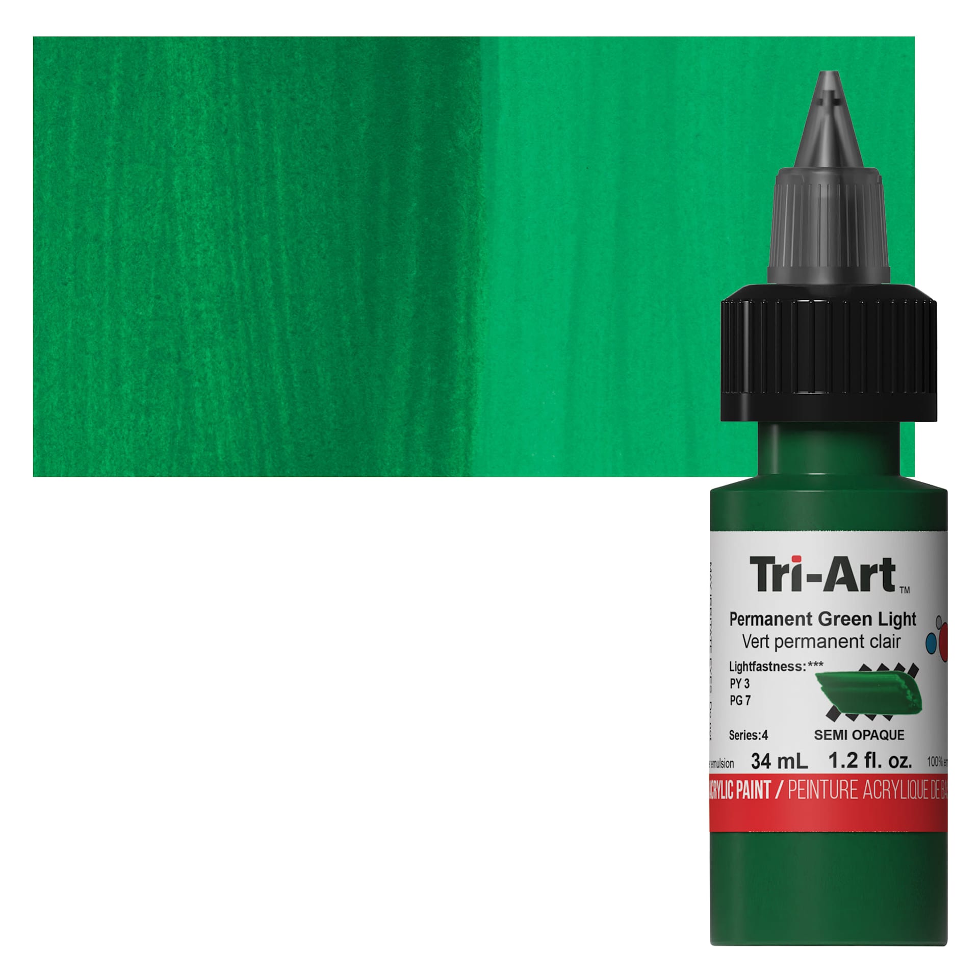 Tri-Art Low-Viscosity Artist Acrylic - Permanent Green Light, 34 ml Tube and swatch