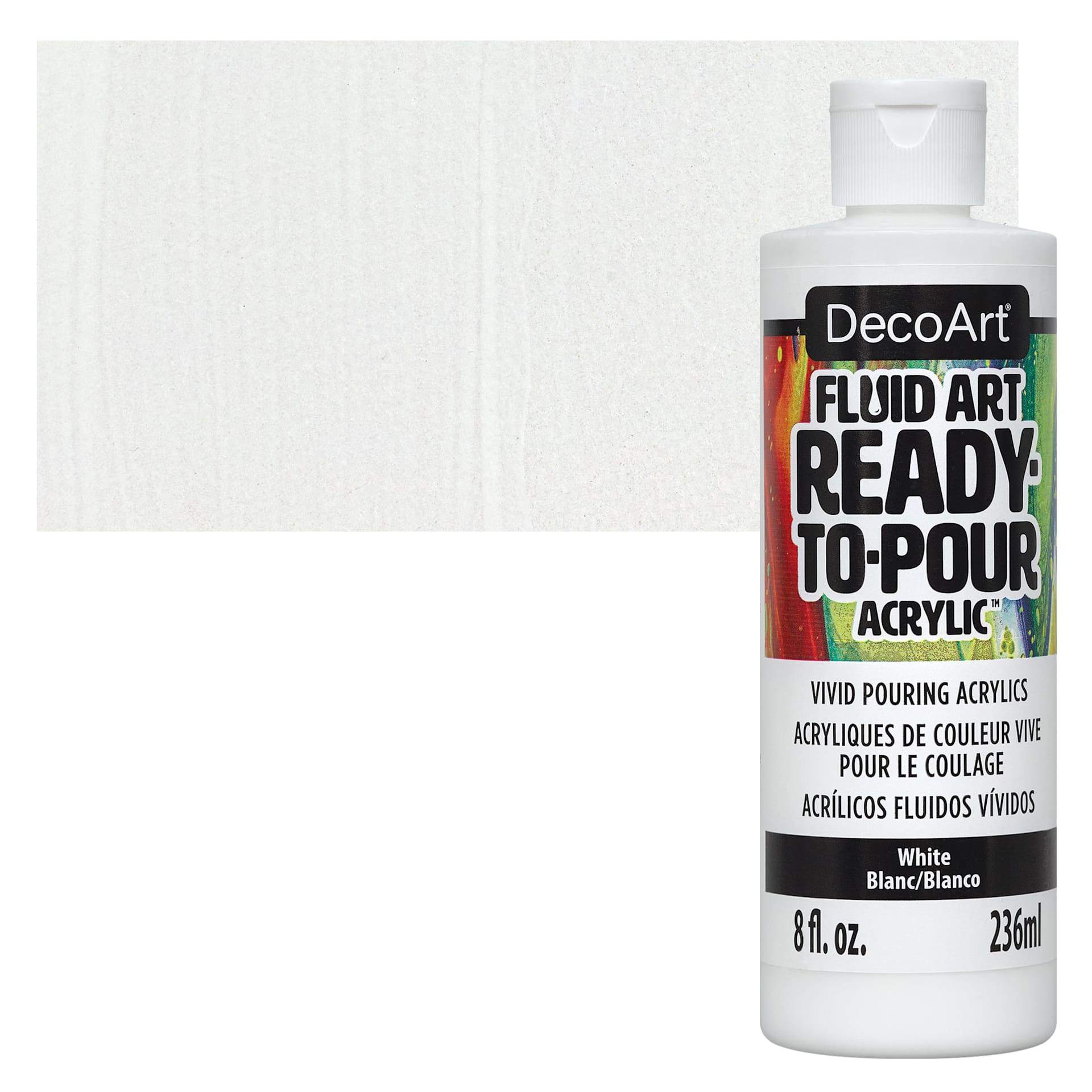 DecoArt Fluid Art Ready-To-Pour Acrylic - White, 8 oz Bottle and swatch