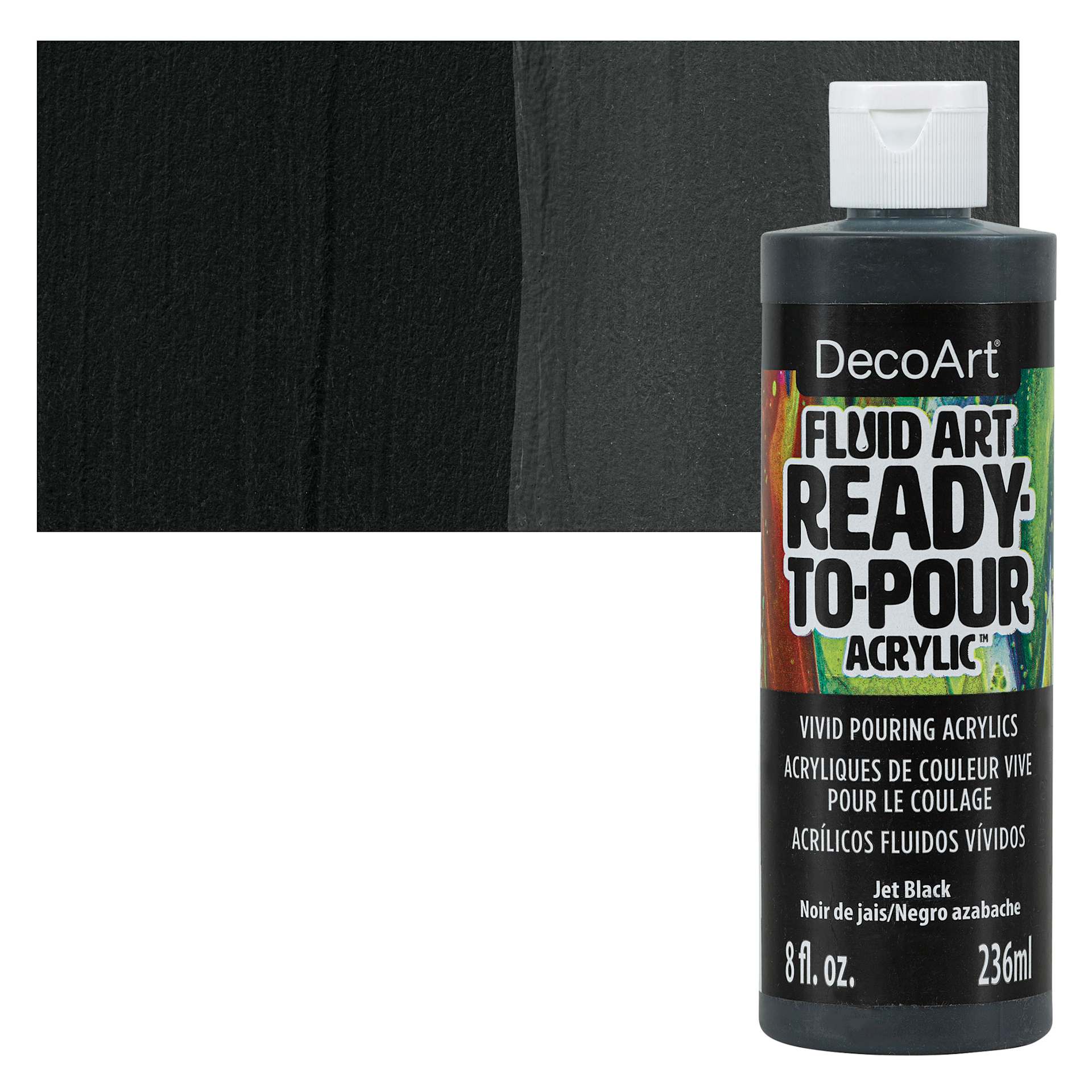 DecoArt Fluid Art Ready-To-Pour Acrylic - Jet Black, 8 oz Bottle and swatch